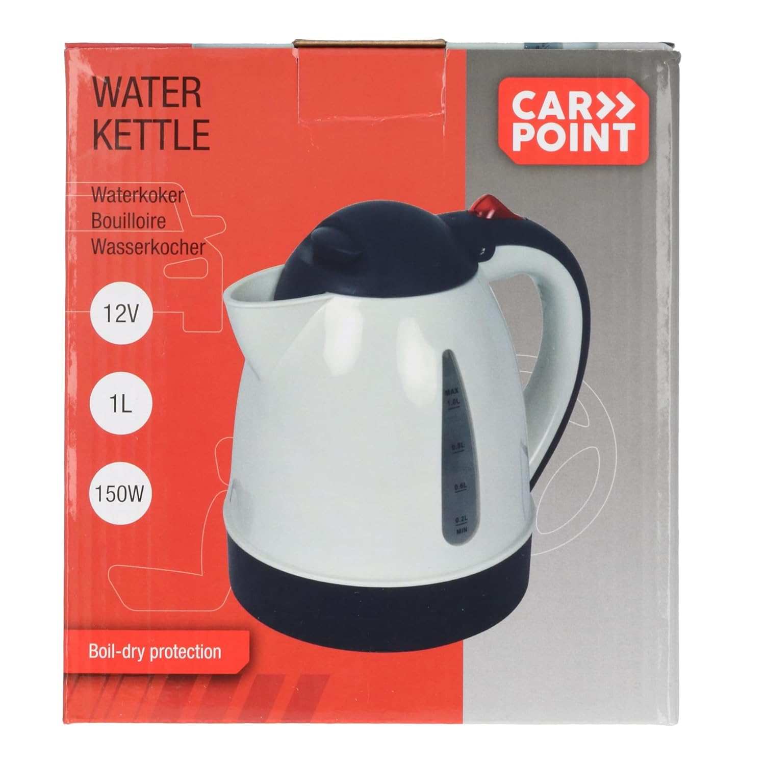Ein weißer und schwarzer Wasserkocher auf einer roten Box mit der Aufschrift 'WATER KETTLE', '12V', '1L' und '150W'.