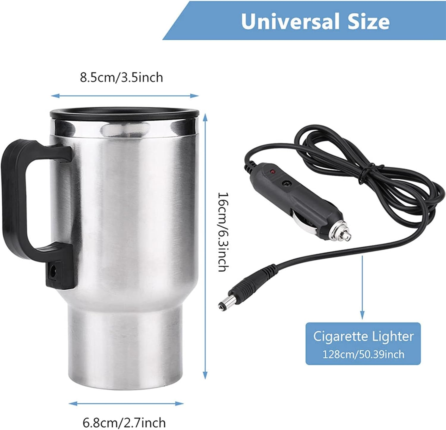 Ein Edelstahl-Reisebecher mit schwarzem Griff. Ein Zigarettenanzünder-Adapter ist ebenfalls abgebildet, zusammen mit Größenangaben.
