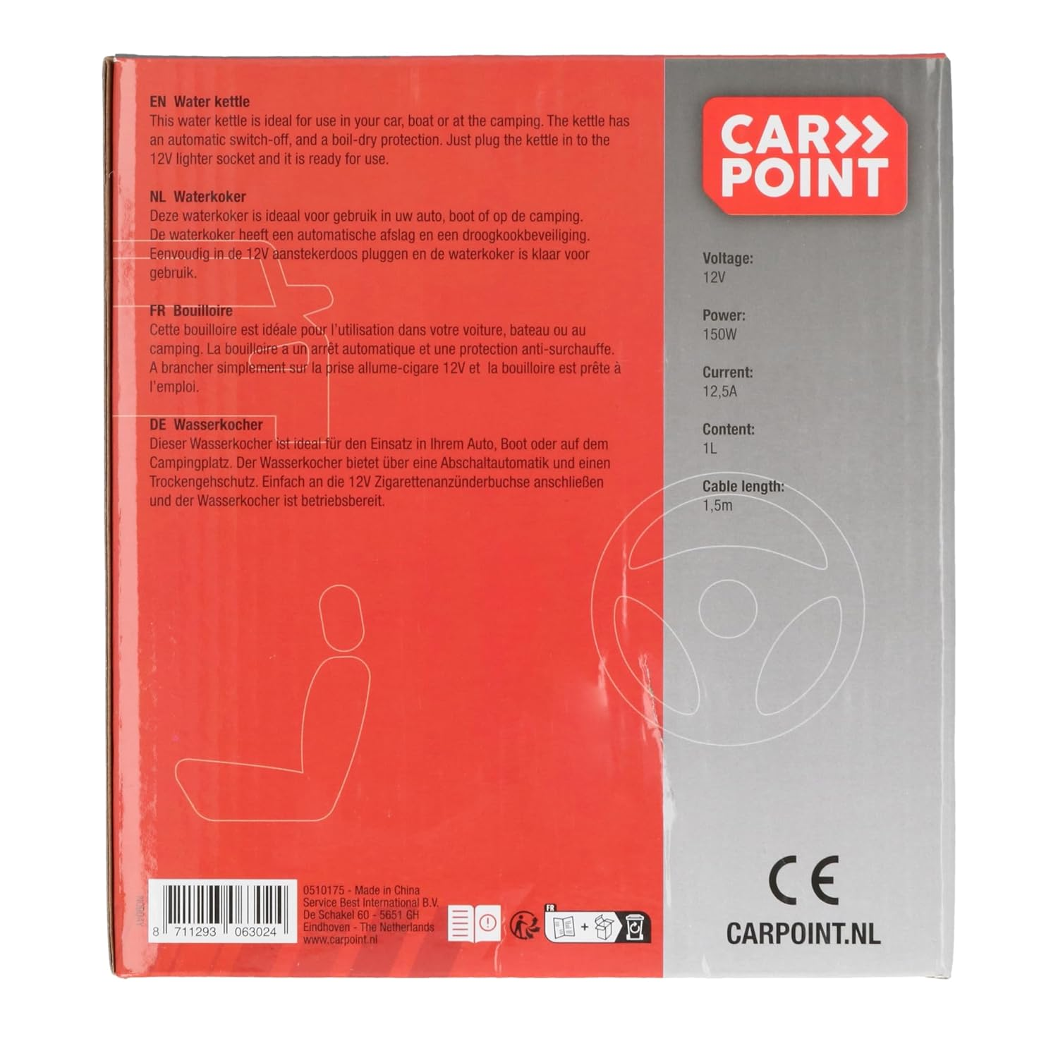 Eine Schachtel mit Produktinformationen. Das Carpoint-Logo befindet sich oben rechts. Der Text beschreibt einen Wasserkocher.