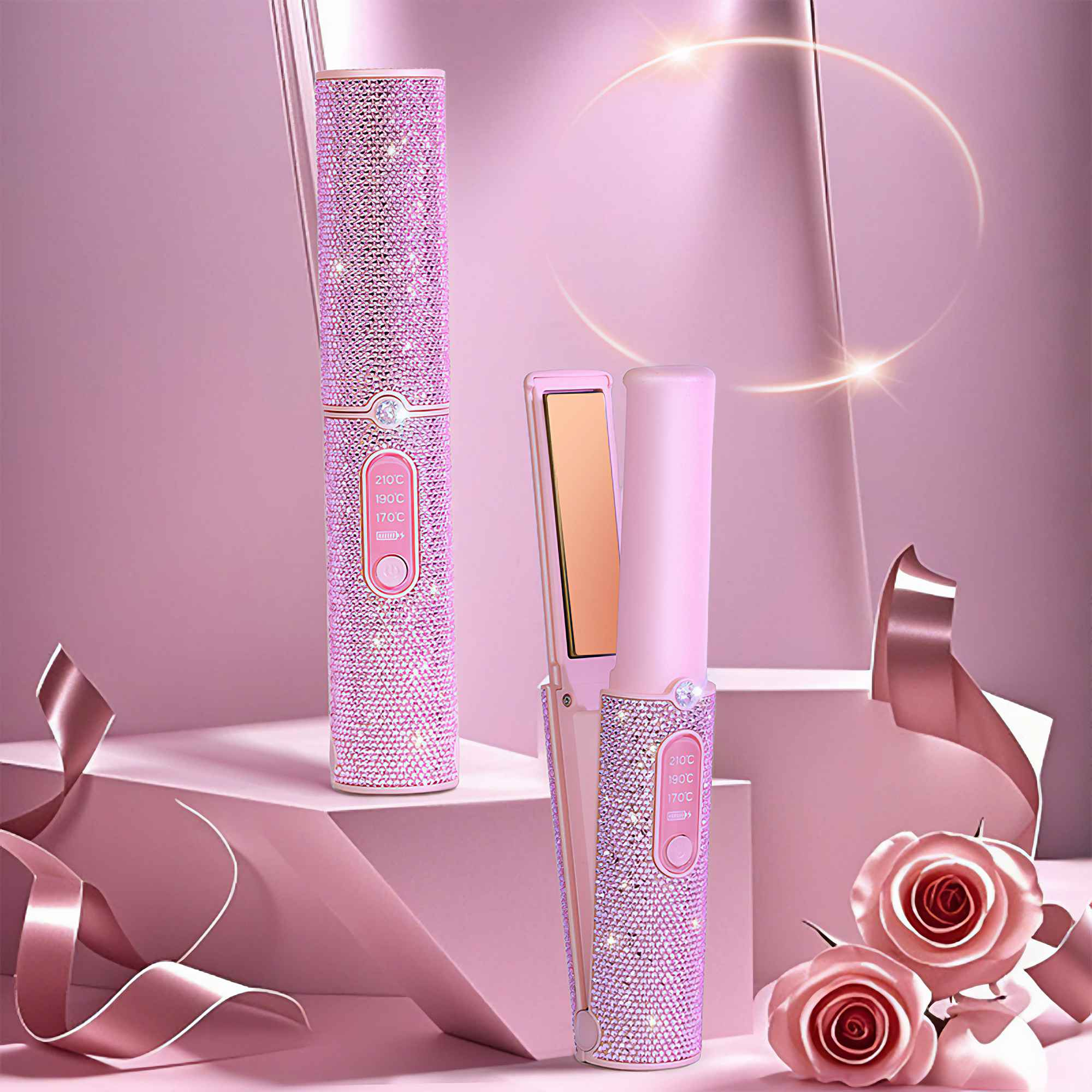 Pinkfarbenes, mit Juwelen besetztes Glätteisen und ein geschlossenes. Pinkfarbener Hintergrund mit Rosen und Schleife.