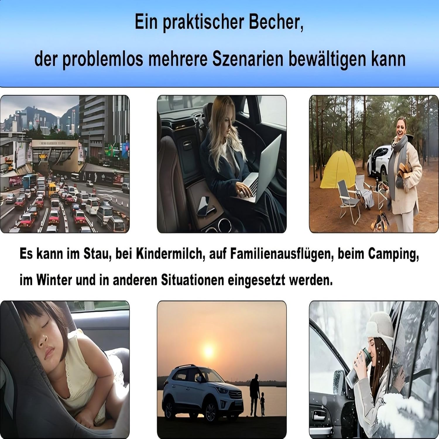 Das Bild zeigt verschiedene Szenarien: Verkehr, eine Frau im Auto, Camping, ein schlafendes Kind, eine Familie und eine Frau im Winter.