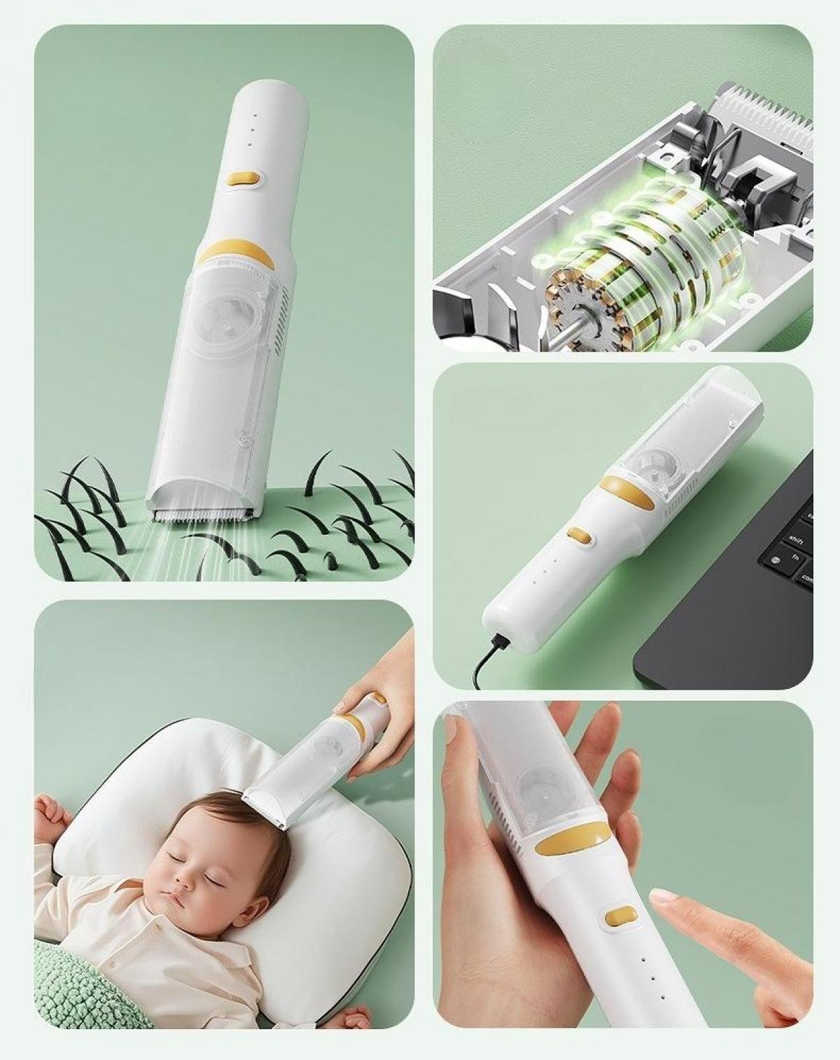 Das Bild zeigt einen weißen und gelben Haarschneider. Er wird auf dem Kopf eines Babys verwendet. Verschiedene Nahaufnahmen des Trimmers.