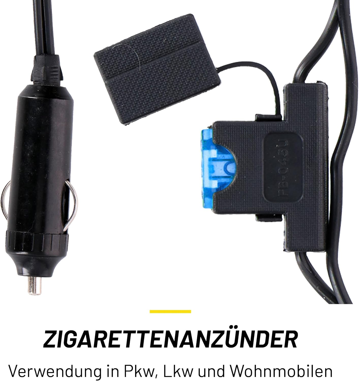 Schwarzer Zigarettenanzünder-Adapter mit blauer Sicherung. Text: ZIGARETTENANZÜNDER, für PKW, LKW und Wohnmobile.