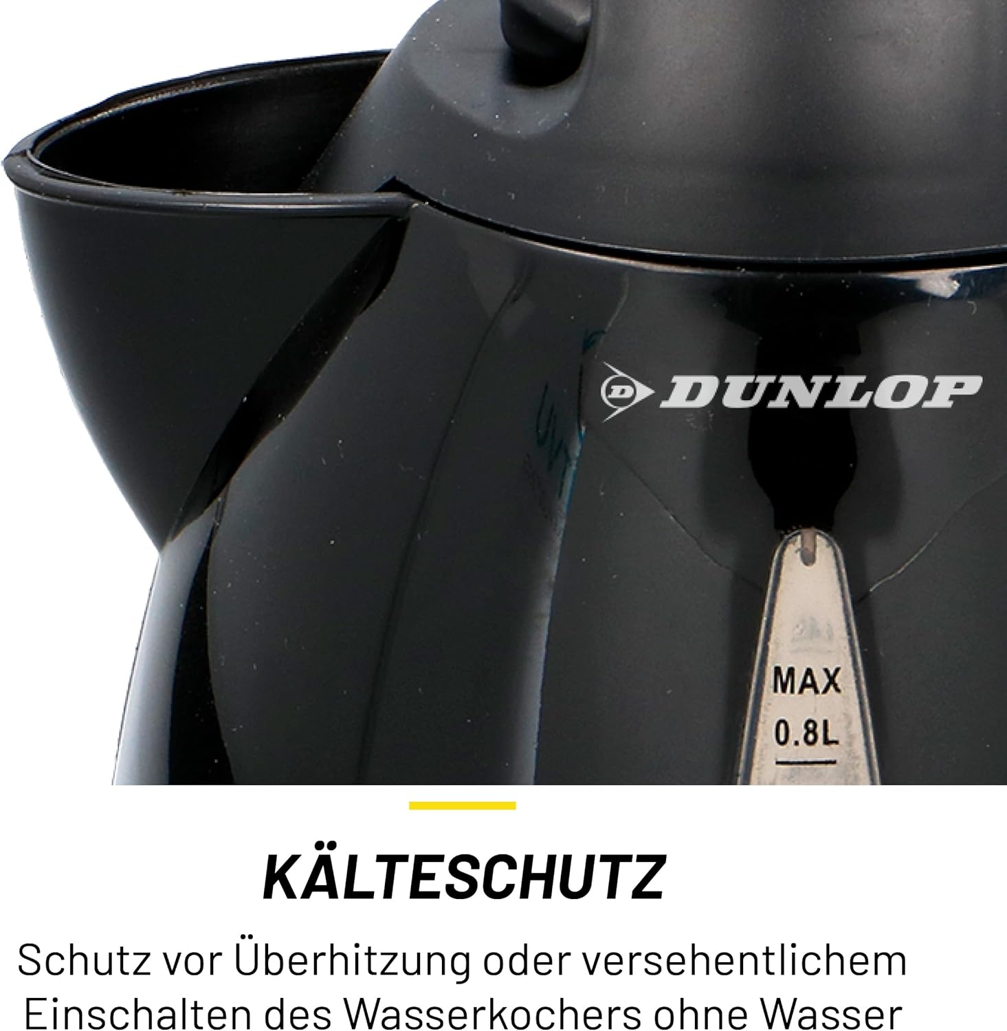 Nahaufnahme eines schwarzen Wasserkochers mit Dunlop-Logo und Wasserstandsanzeige. Der Text 'Kälteschutz' steht darunter.