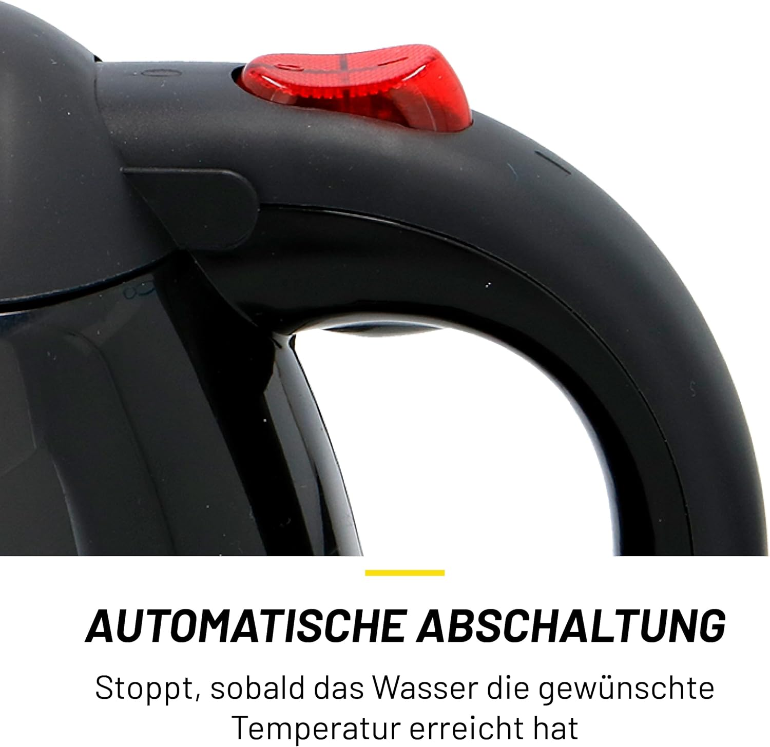 Nahaufnahme eines schwarzen Wasserkochergriffs mit roter Taste. Text: 'AUTOMATISCHE ABSCHALTUNG', Temperaturregelung.