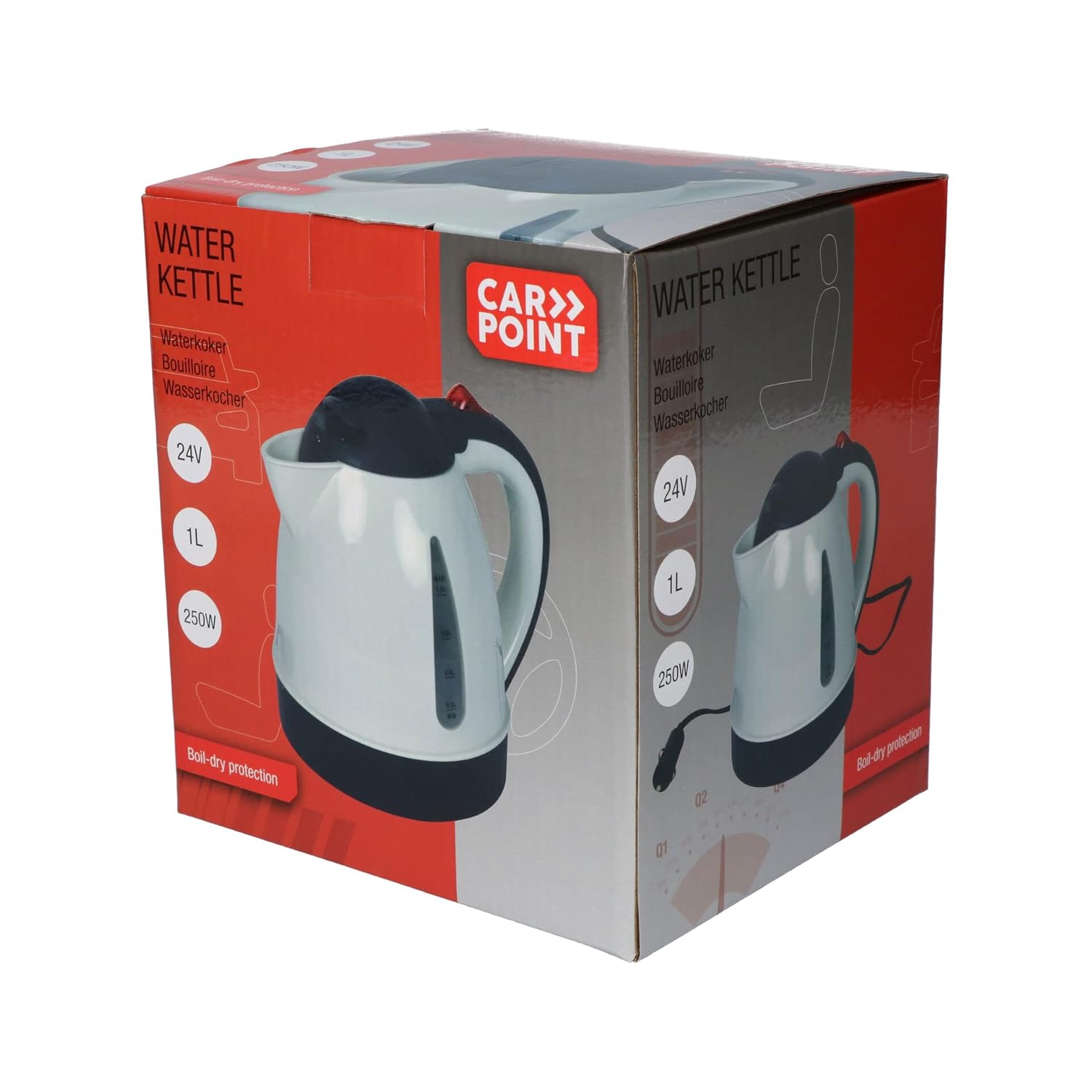 Eine Box mit einem weiß-schwarzen Wasserkocher. Text enthält 'WATER KETTLE', '24V', '1L' und '250W'. Die Marke ist 'CAR POINT'.