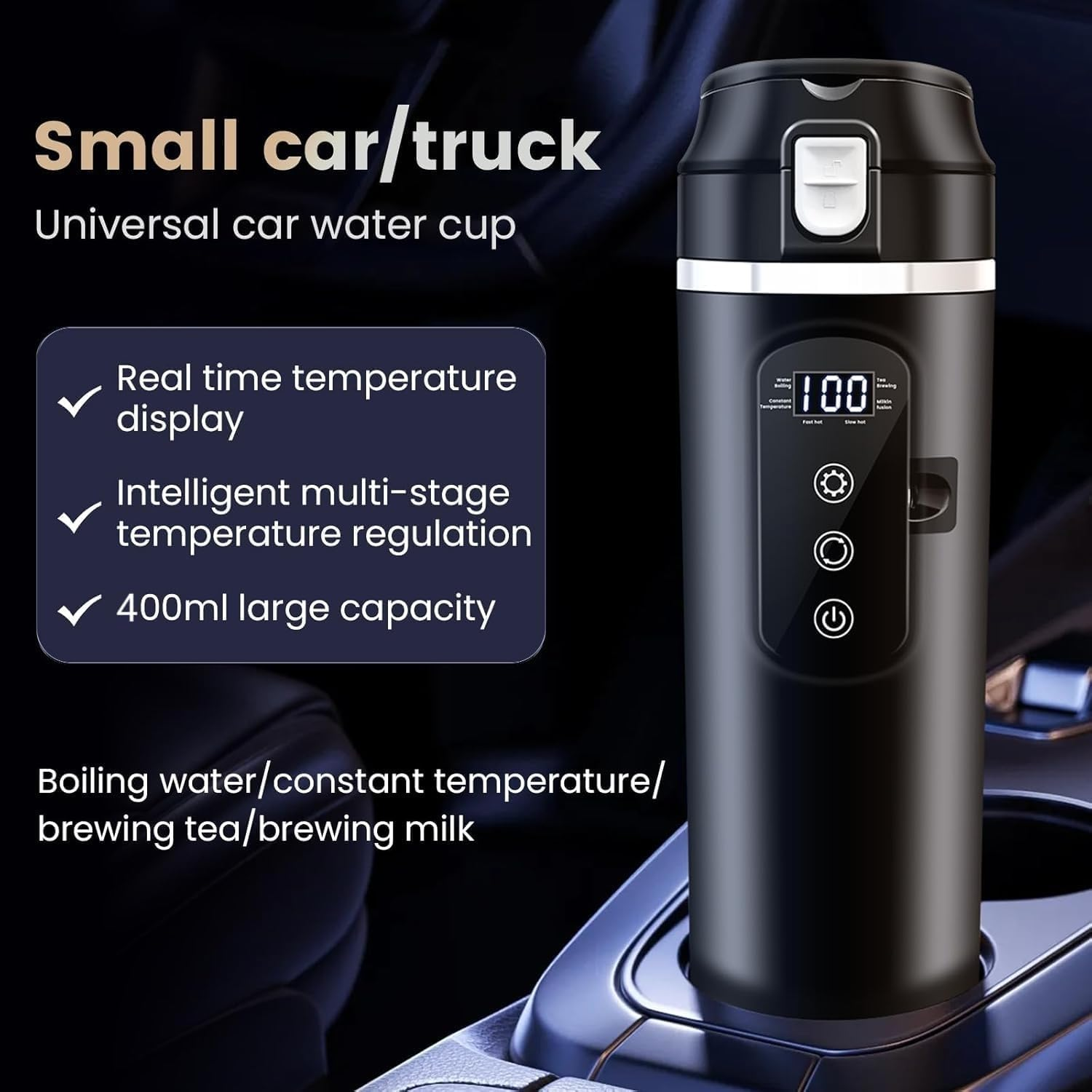 Ein schwarzer Auto-Wasserbecher mit Digitalanzeige, die 100 anzeigt. Text zeigt Echtzeittemperaturanzeige und 400ml Fassungsvermögen.