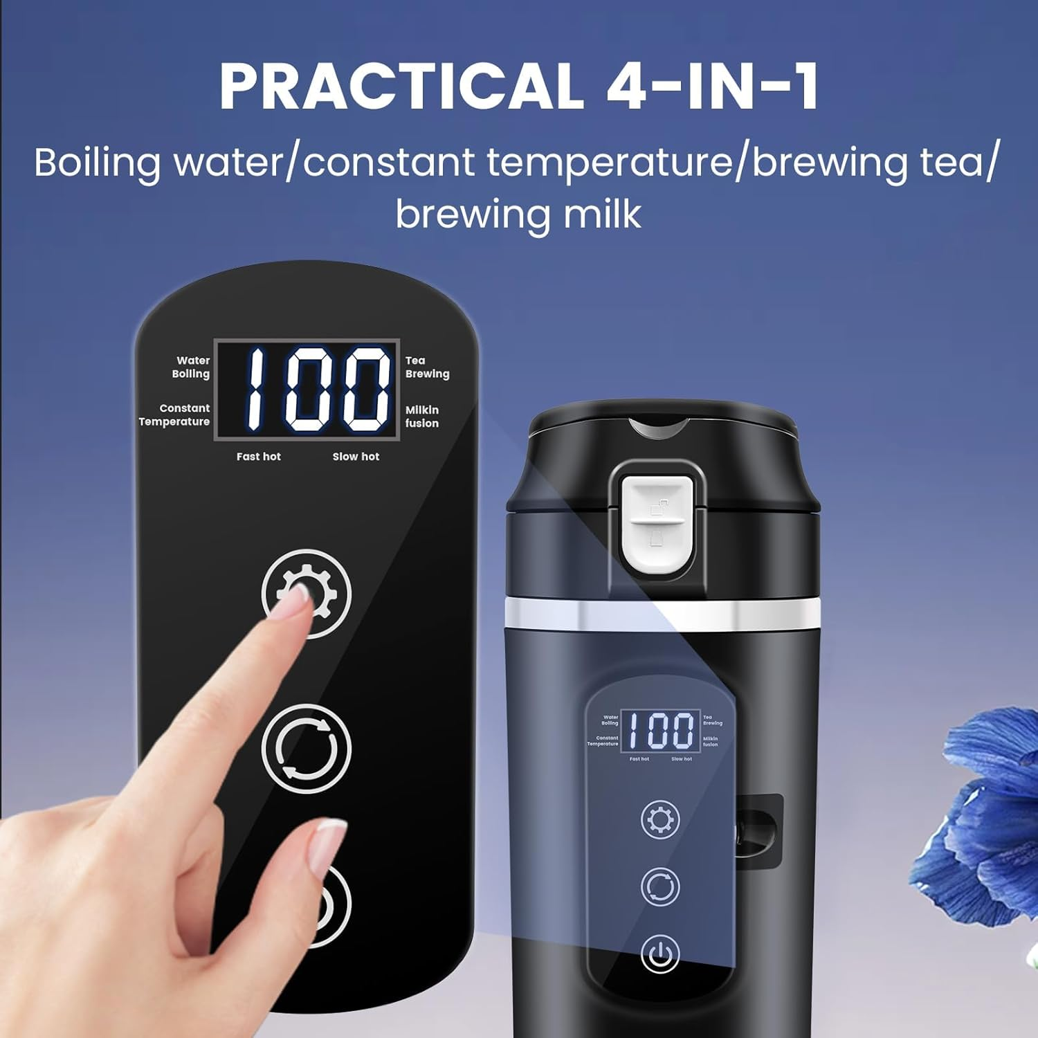 Ein schwarzer 4-in-1-Wasserkocher mit Touchscreen, der 100 Grad anzeigt. Eine Hand berührt den Bildschirm. Weißer Text auf blauem Hintergrund.