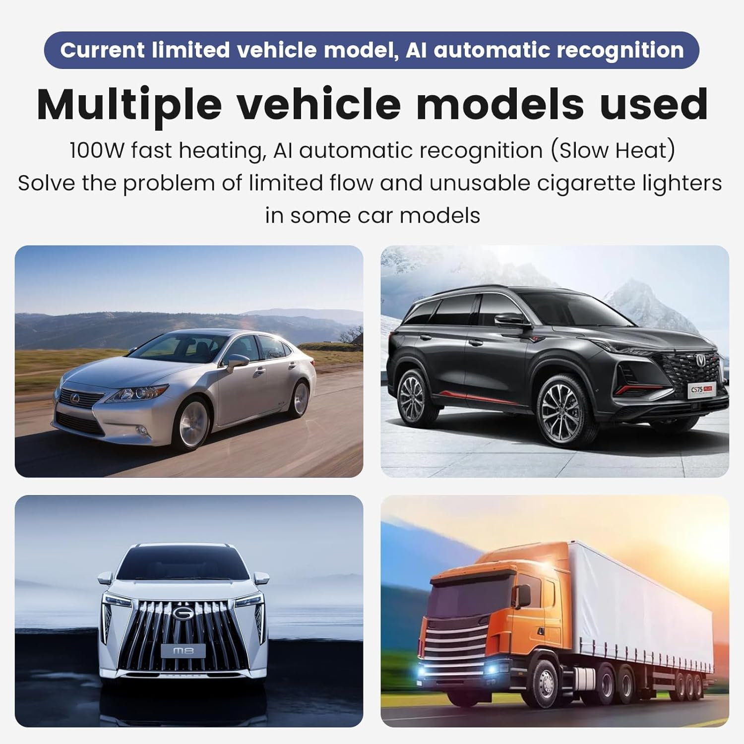 Das Bild zeigt vier Fahrzeuge: ein silbernes Auto, einen schwarzen SUV, eine weiße Autovorderseite und einen orangefarbenen LKW. Text wirbt für mehrere Automodelle.