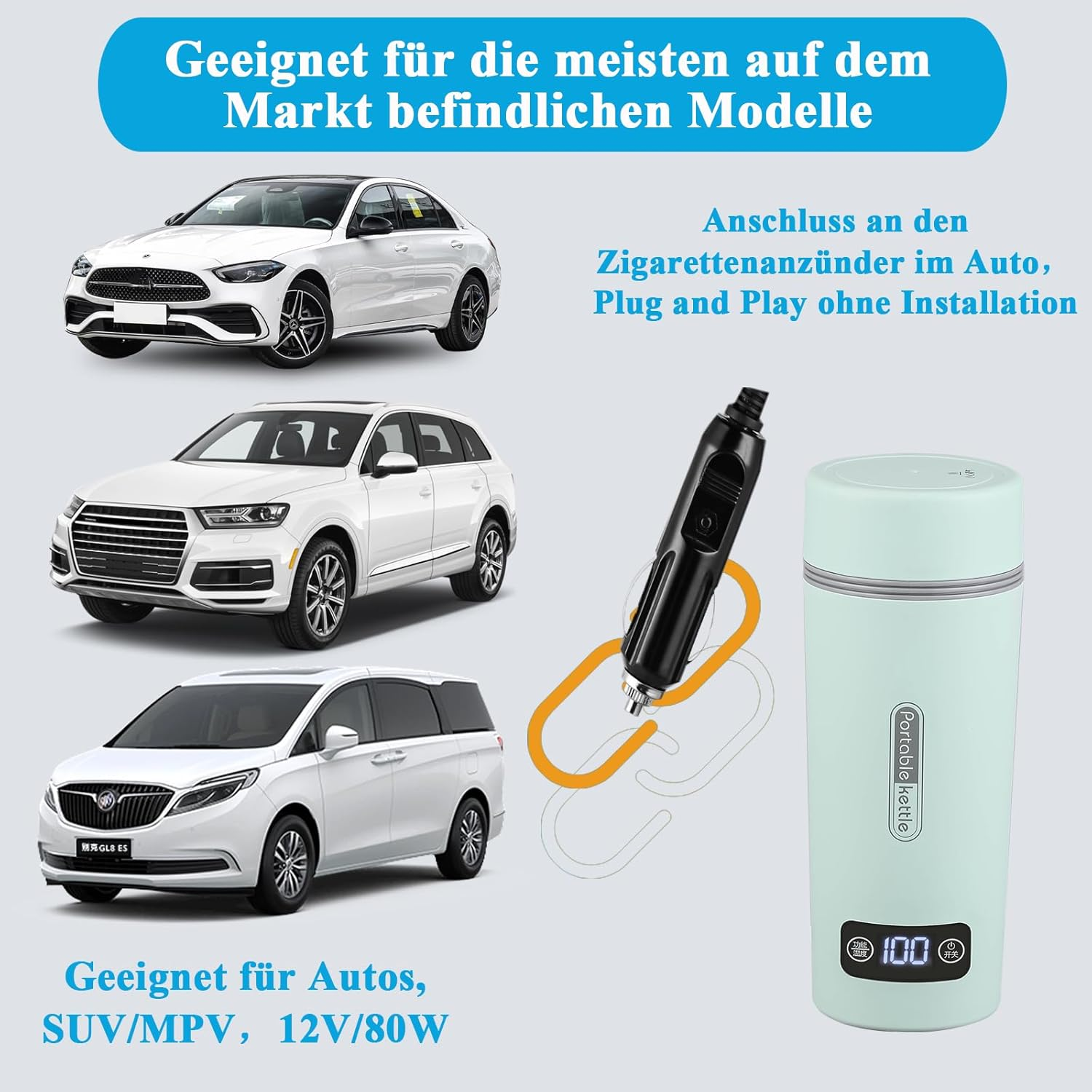 Das Bild zeigt einen Wasserkocher mit Autos. Text beinhaltet: Geeignet für die meisten Modelle, Anschluss an Zigarettenanzünder, Plug and Play.