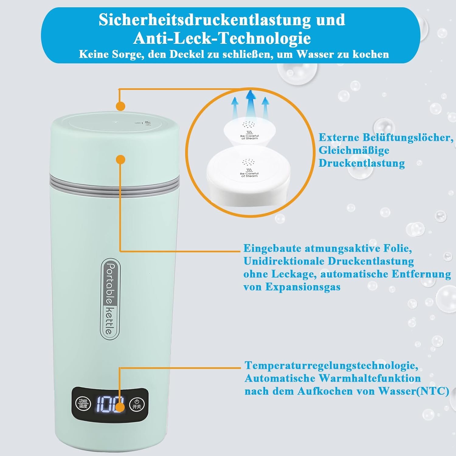 Ein mintgrüner tragbarer Wasserkocher mit Textbeschriftungen, Diagrammen und einer Digitalanzeige. Er hebt Anti-Leck- und Temperaturregelfunktionen hervor.