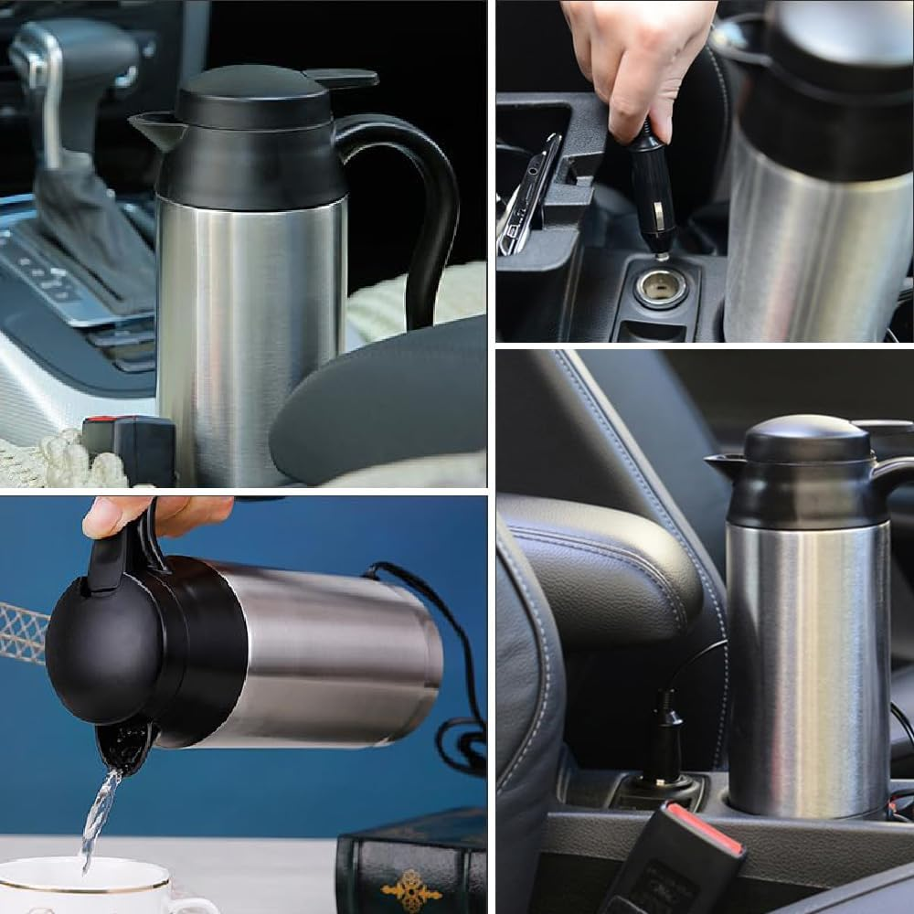 Ein metallischer Wasserkocher für Autos wird in vier verschiedenen Szenarien gezeigt. Der Wasserkocher ist schwarz und silber, in einem Auto.