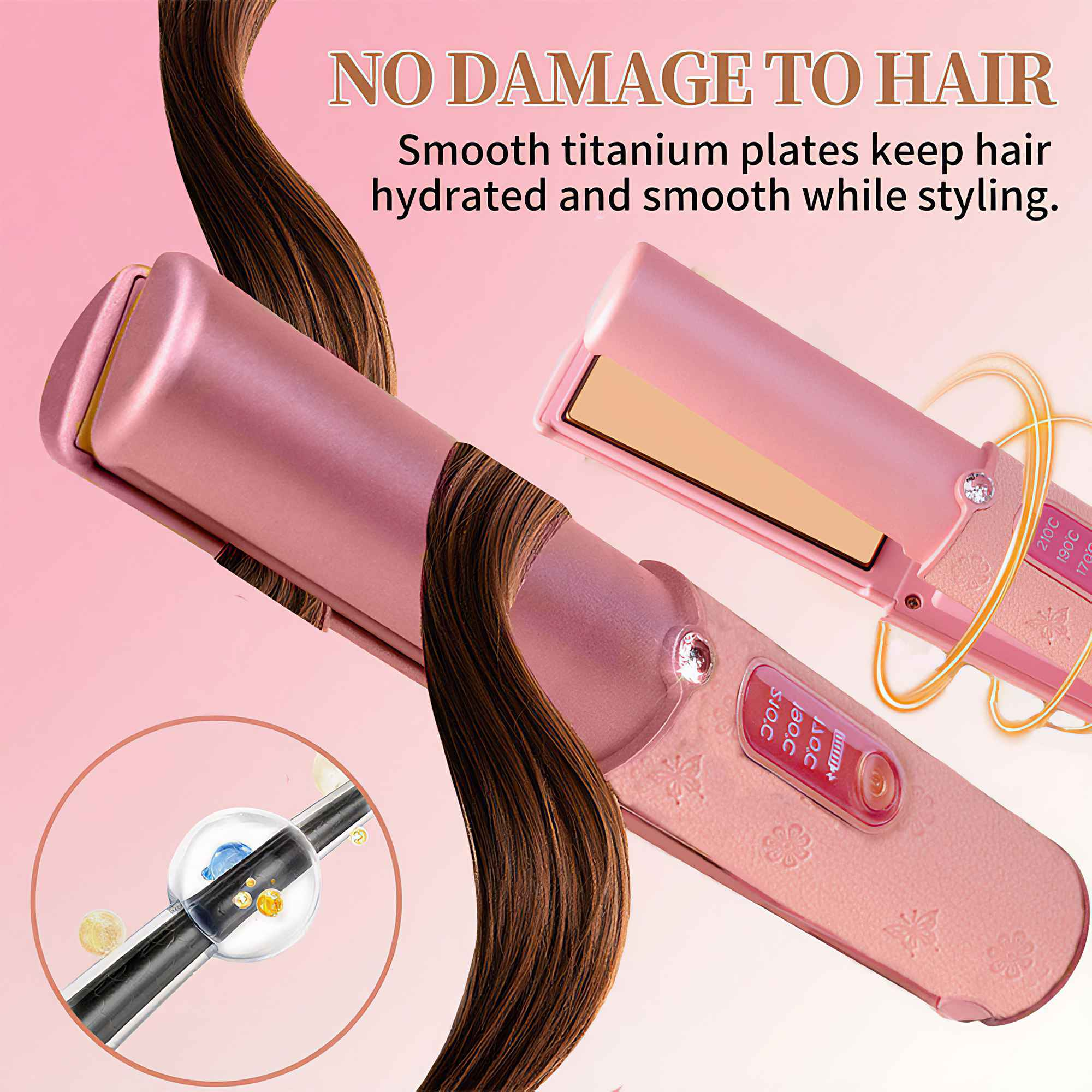 Rosa Haarglätter mit Haarsträhnen. Text sagt: 'KEINE BESCHÄDIGUNG DES HAARS'. Ein Haarpflegeprodukt.