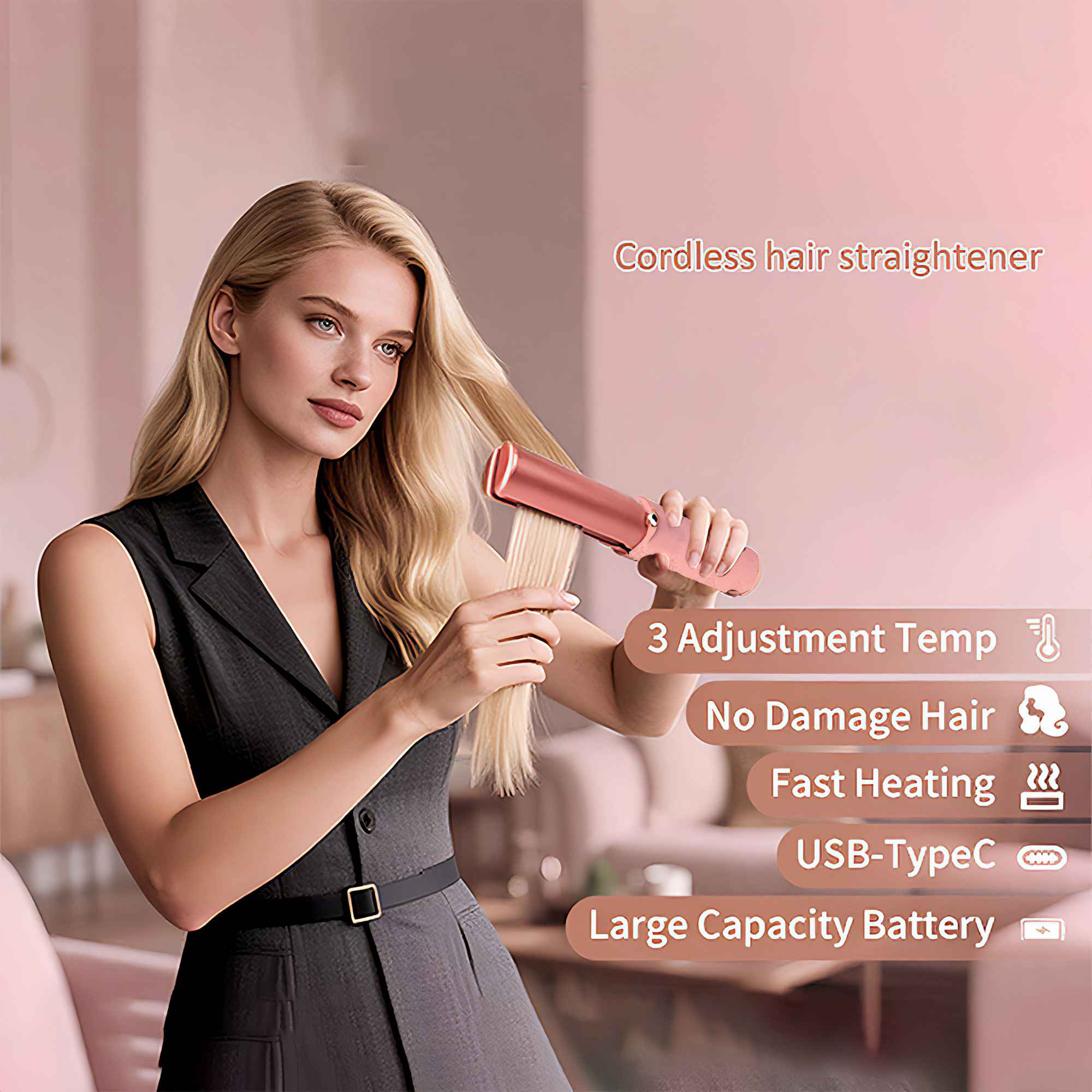 Blonde Frau benutzt einen kabellosen Haarglätter. Produktmerkmale: Einstellung, keine Schäden, schnelles Aufheizen, USB, Batterie.