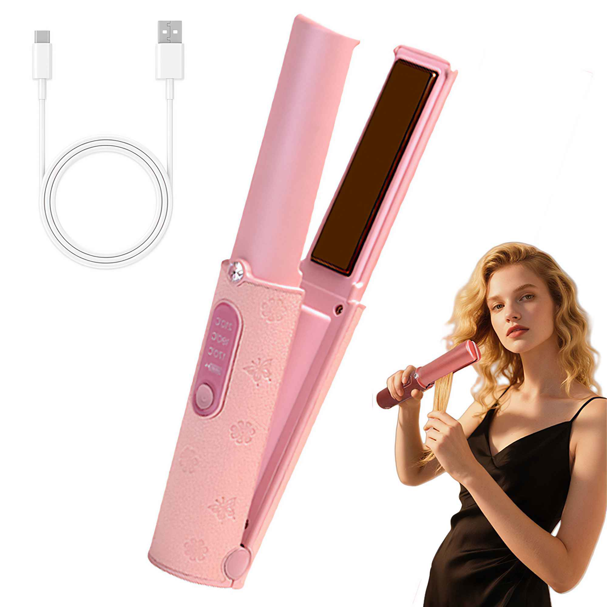 Rosa Haarglätter, eine Frau benutzt ihn. Links ist ein USB-Kabel.