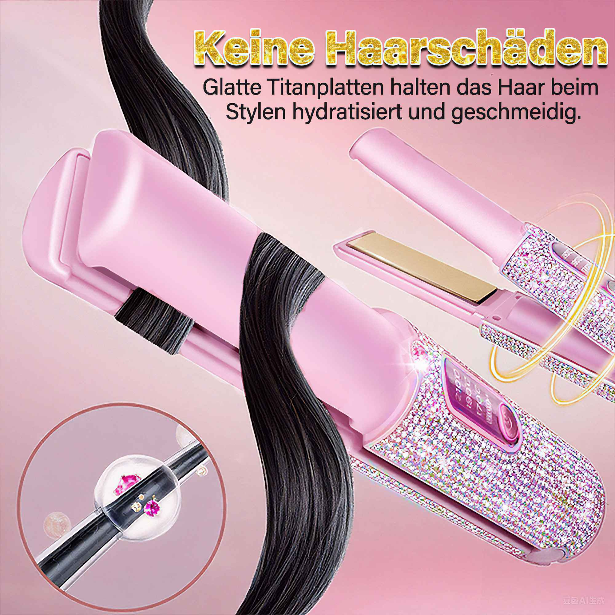 Ein pinkfarbenes Glätteisen mit einem Abschnitt schwarzer Haare. Das Gerät hat ein digitales Display und ist mit Strasssteinen verziert.