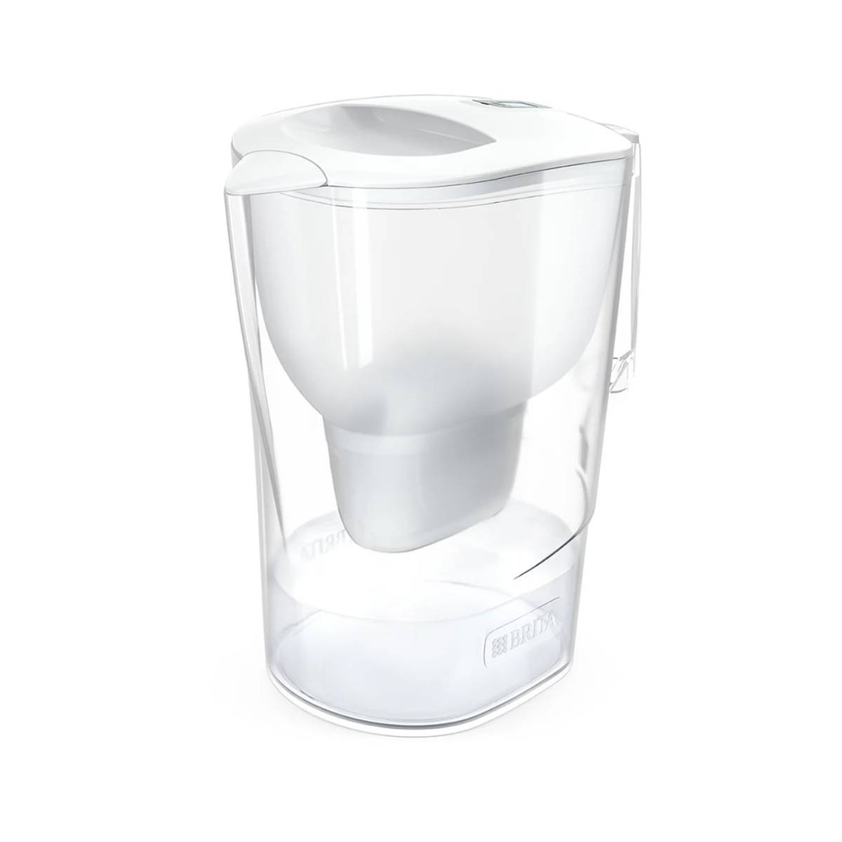 Ein weißer Brita-Wasserfilter-Krug. Er hat einen äußeren Behälter aus klarem Kunststoff und einen weißen Innenfilter und Deckel. Der Hintergrund ist weiß.