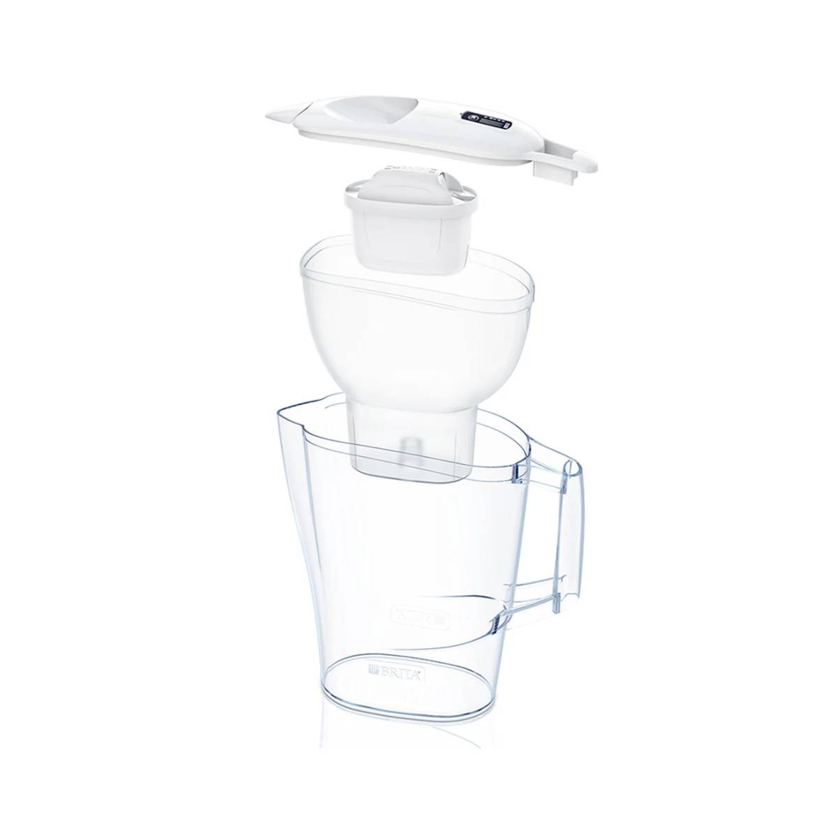 Ein zerlegtes Wasserfiltersystem. Es besteht aus einem durchsichtigen Krug, einem weißen Filter, einem Trichter und einem weißen Deckel mit Display.