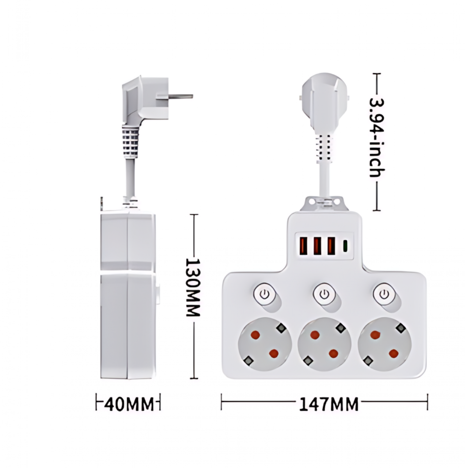 Weißes Mehrfachsteckdose mit drei Steckdosen, USB-Anschlüssen und Ein-/Ausschaltern. Enthält Abmessungen: 130 mm, 147 mm und 40 mm.