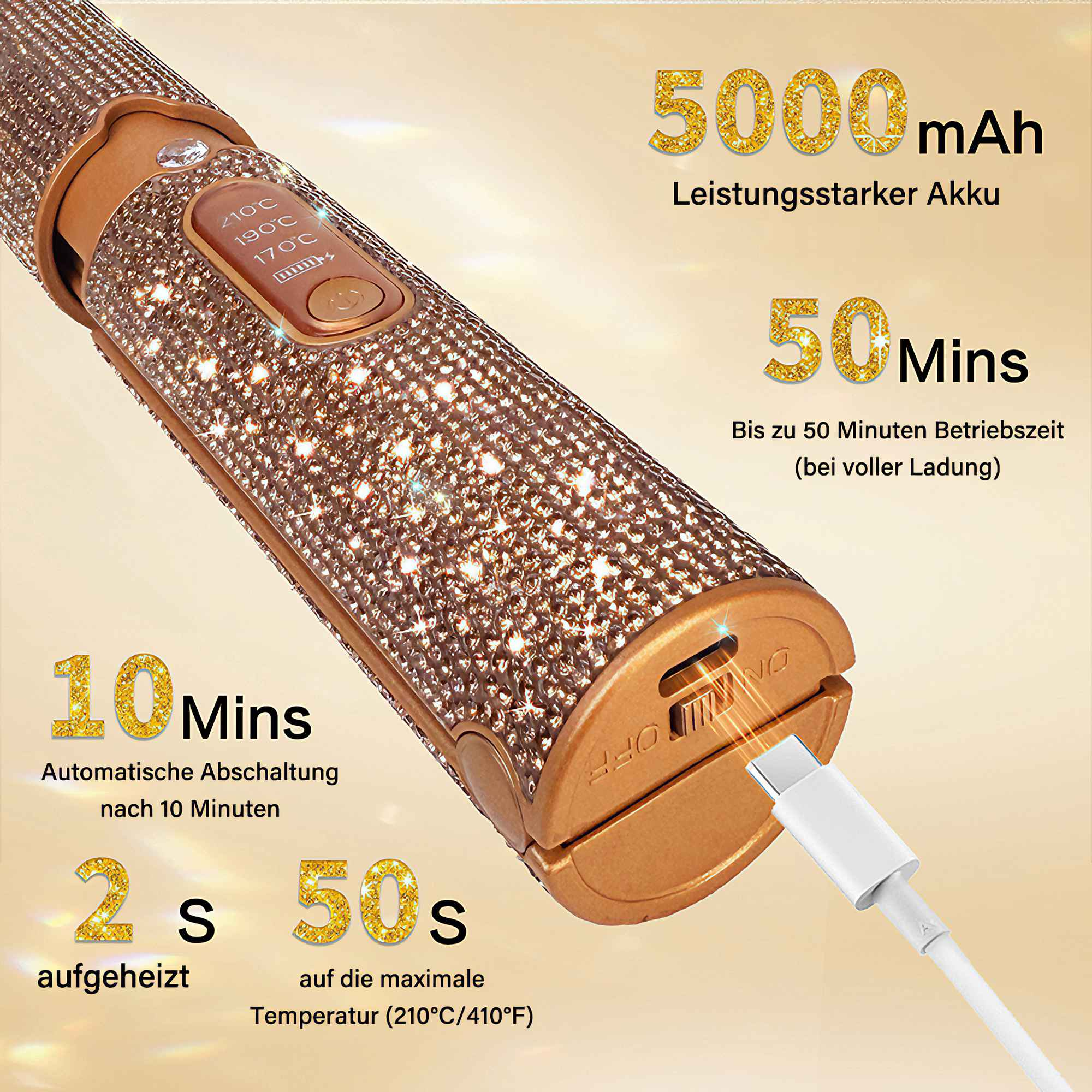 Ein goldenes Haarstyling-Tool mit eingebetteten Edelsteinen. Zeigt Temperatur- und Ladeinformationen sowie ein Ladekabel an.