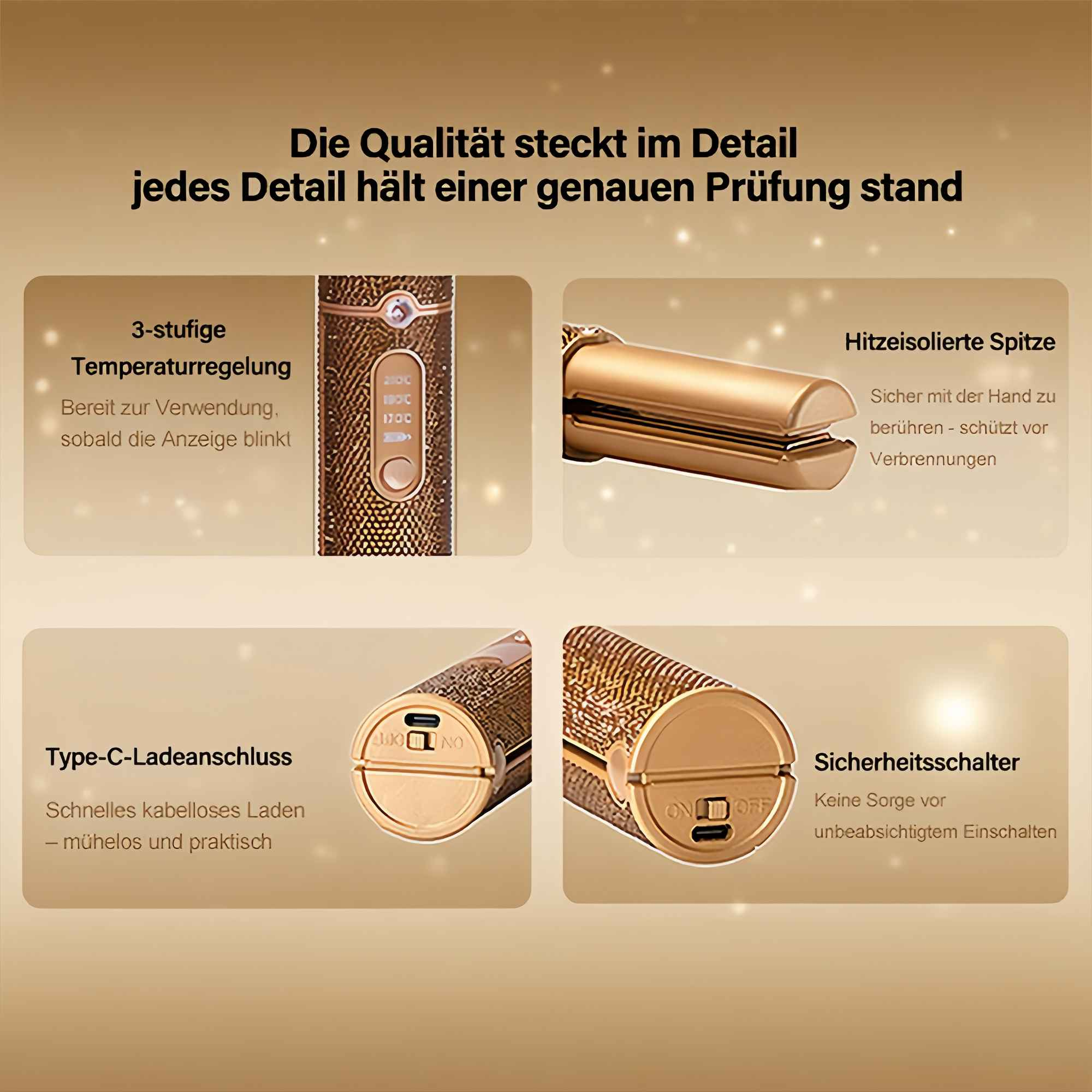 Das Bild zeigt ein goldenes Haarstyling-Tool mit Temperatureinstellungen, einem Typ-C-Anschluss und Sicherheitsfunktionen.
