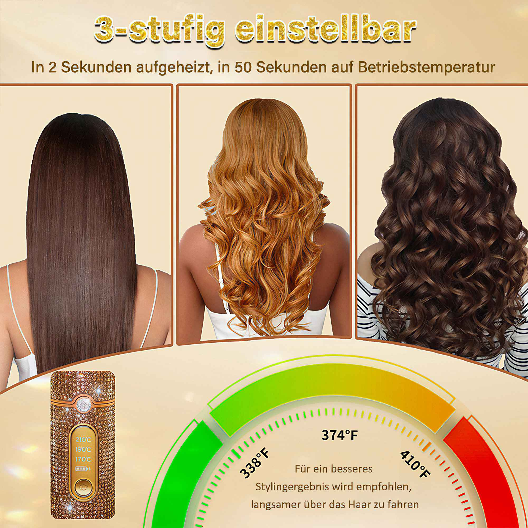 Das Bild zeigt drei Frisuren und ein Haarstyling-Werkzeug. Temperaturen werden angezeigt. Text auf Deutsch.