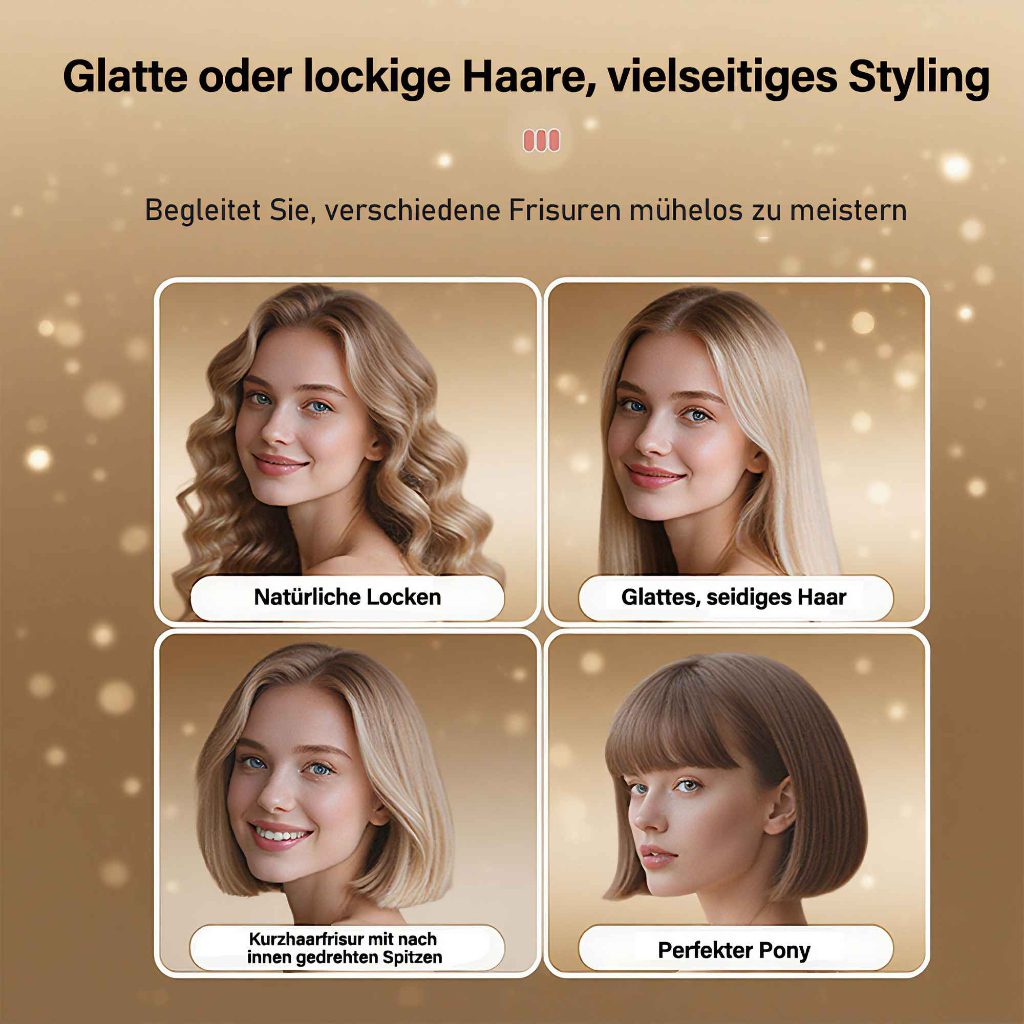 Das Bild zeigt vier Frauen mit verschiedenen Frisuren: lockig, glatt, kurzer Bob und Pony, zur Förderung des Haarstylings.