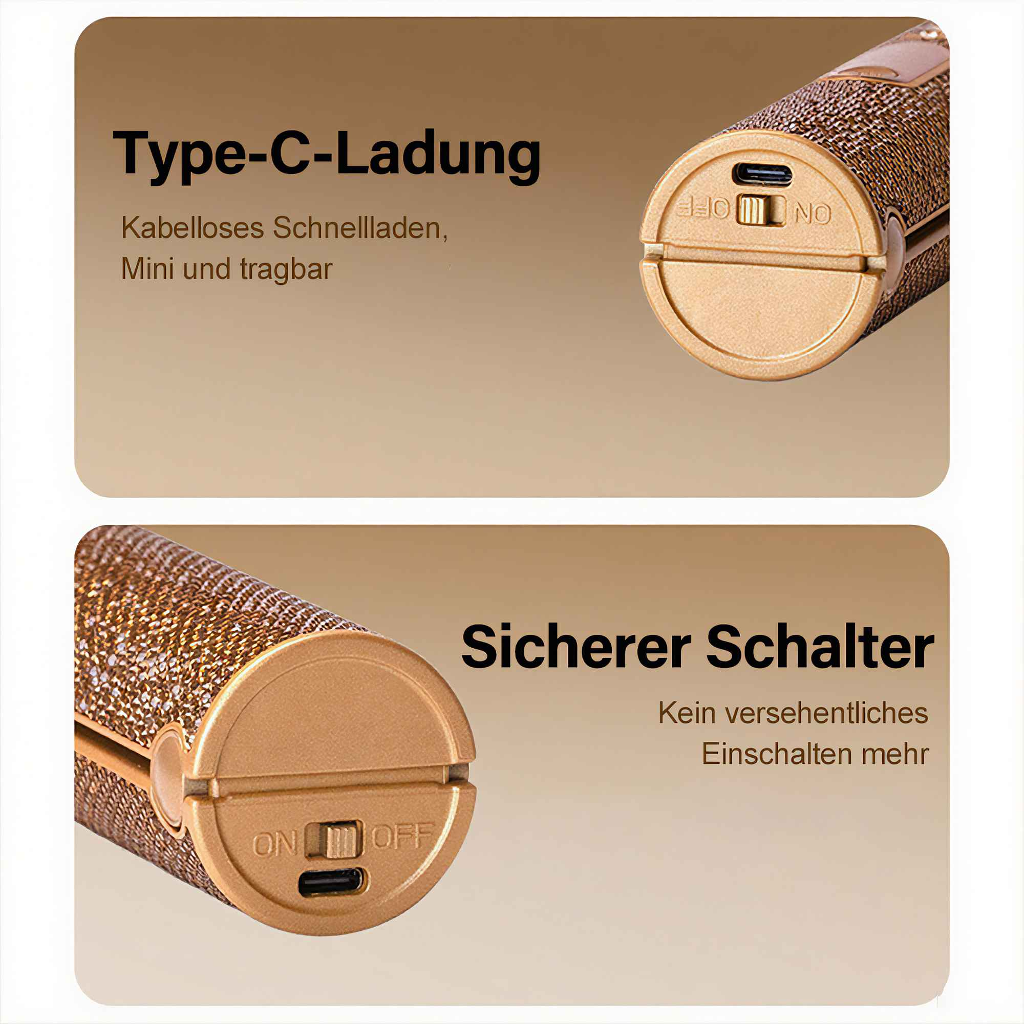 Das Bild zeigt ein goldfarbenes Gerät mit Typ-C-Ladung und einem Ein/Aus-Schalter. Text hebt die Funktionen hervor.