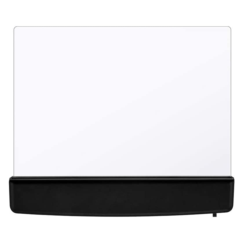 Ein klares rechteckiges Leselicht mit schwarzem Sockel. Die Lichtfläche ist transparent. Der Sockel ist rechteckig und schwarz.