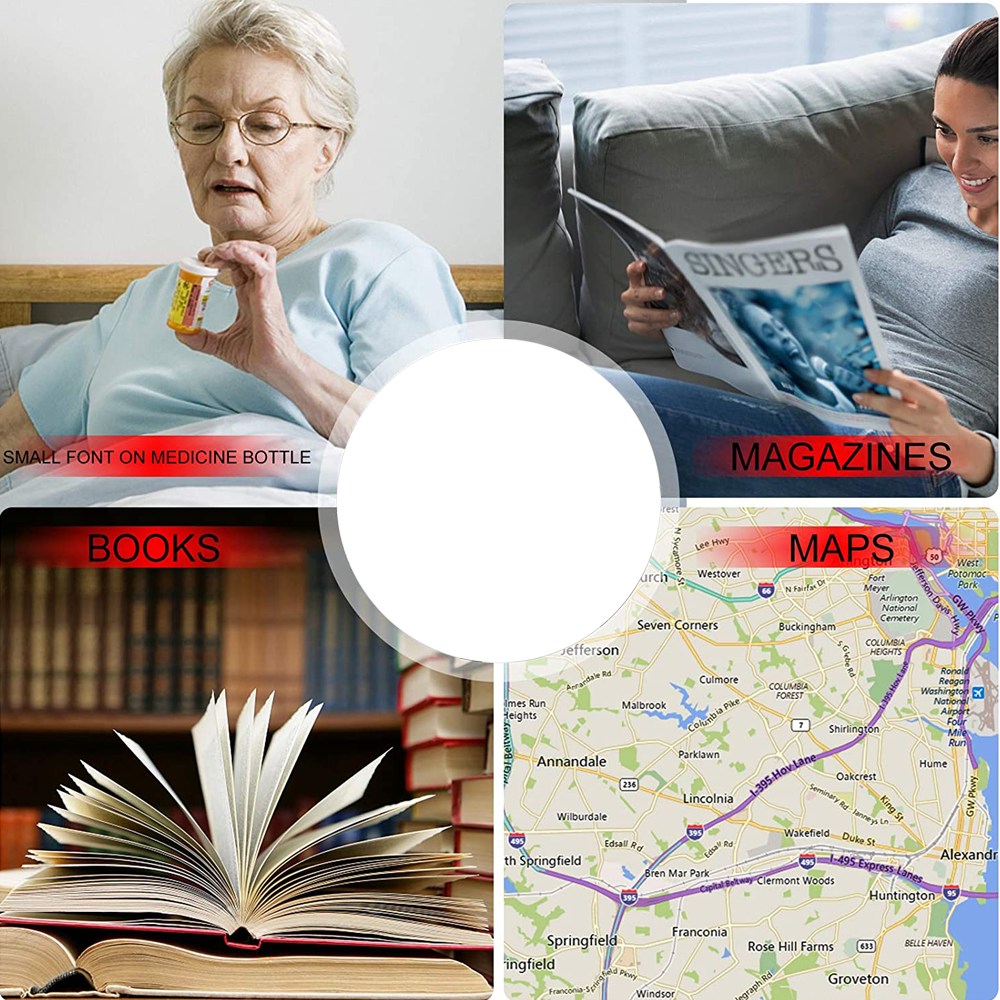 Das Bild zeigt eine Frau mit einer Pillenflasche, eine Frau, die eine Zeitschrift liest, Bücher und eine Karte.