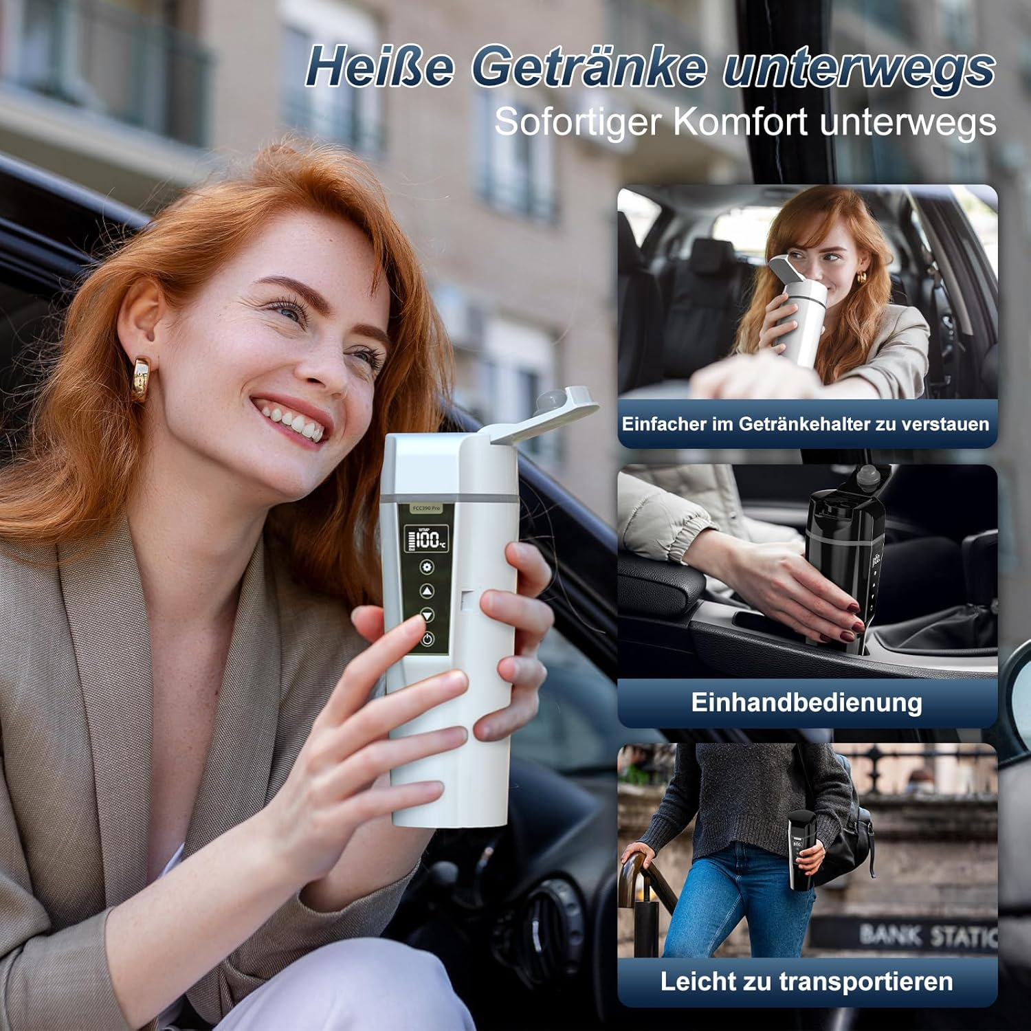 Eine rothaarige Frau lächelt und hält einen weißen Reisebecher. Das Bild wirbt für Heißgetränke unterwegs mit Fotos des Bechers in Autos.