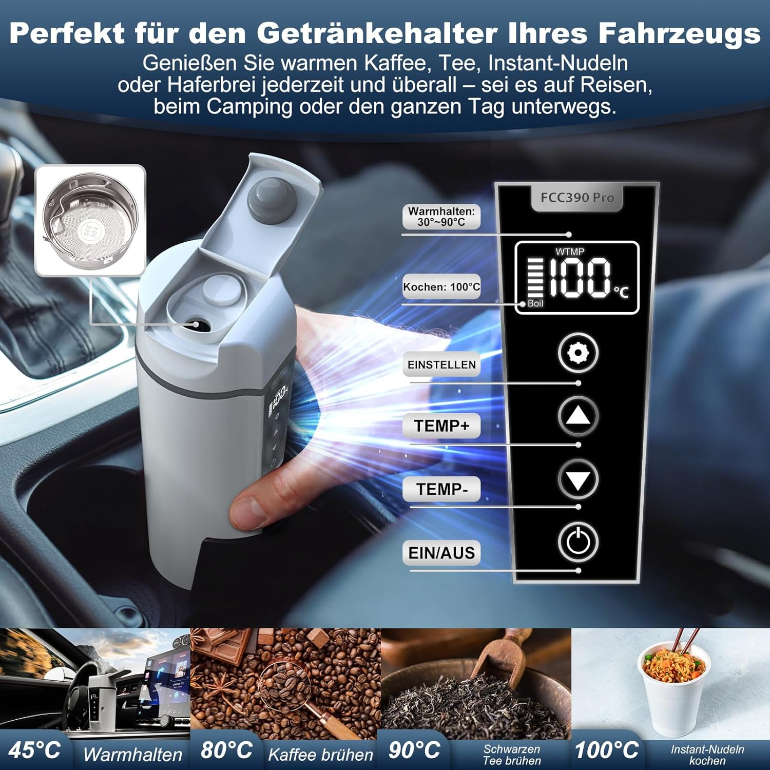 Grauer Reisekocher mit Digitalanzeige zeigt 100°C. Text schlägt die Verwendung für Kaffee, Tee und Instantnudeln vor.