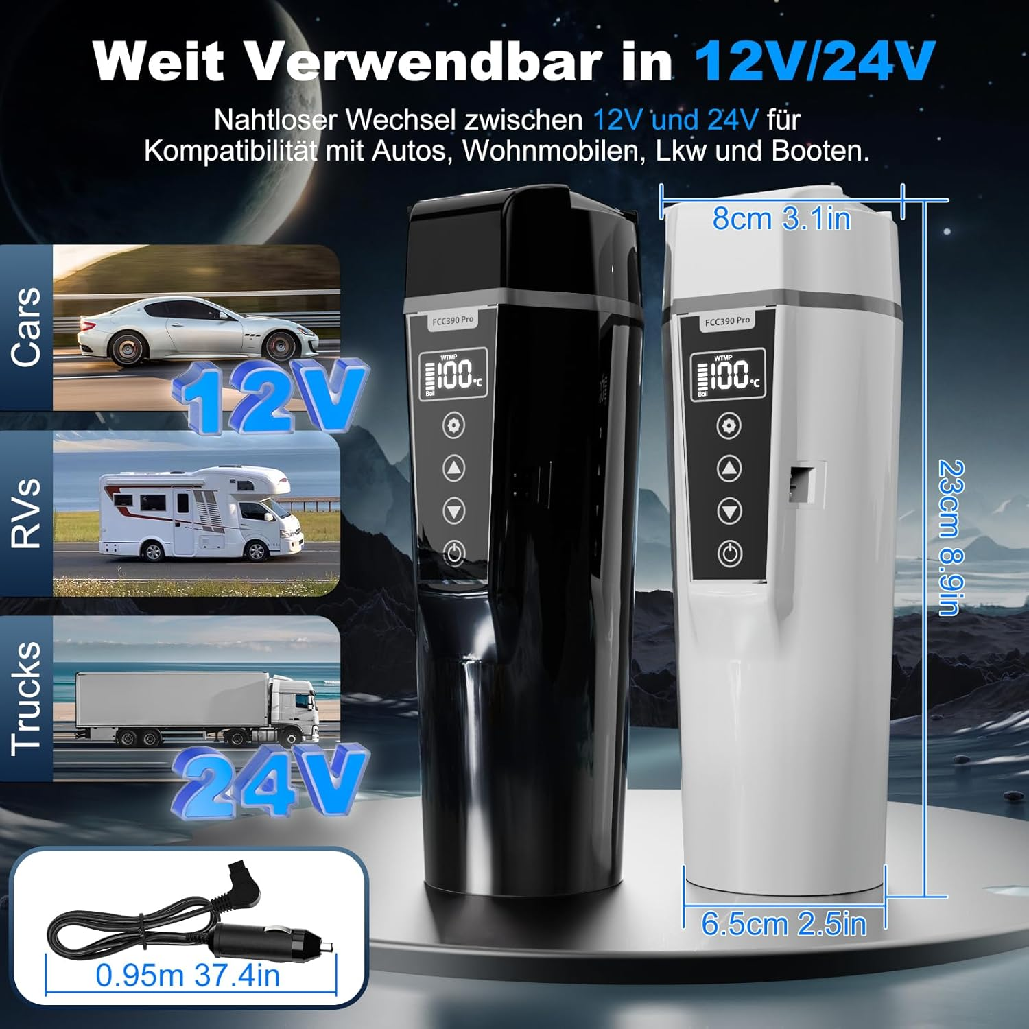 Das Bild zeigt zwei schwarze und weiße Wasserkocher für Autos. Das Produkt ist mit 12V- und 24V-Fahrzeugen kompatibel. Maße werden angezeigt.