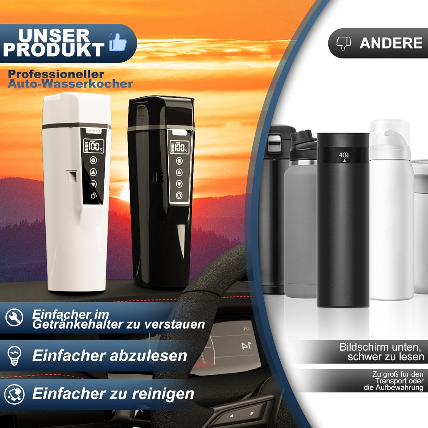 Das Bild zeigt einen weißen und schwarzen Auto-Wasserkocher. Im Hintergrund sind verschiedene Becher. Text: 'Einfach zu verstauen', 'Einfach abzulesen'.
