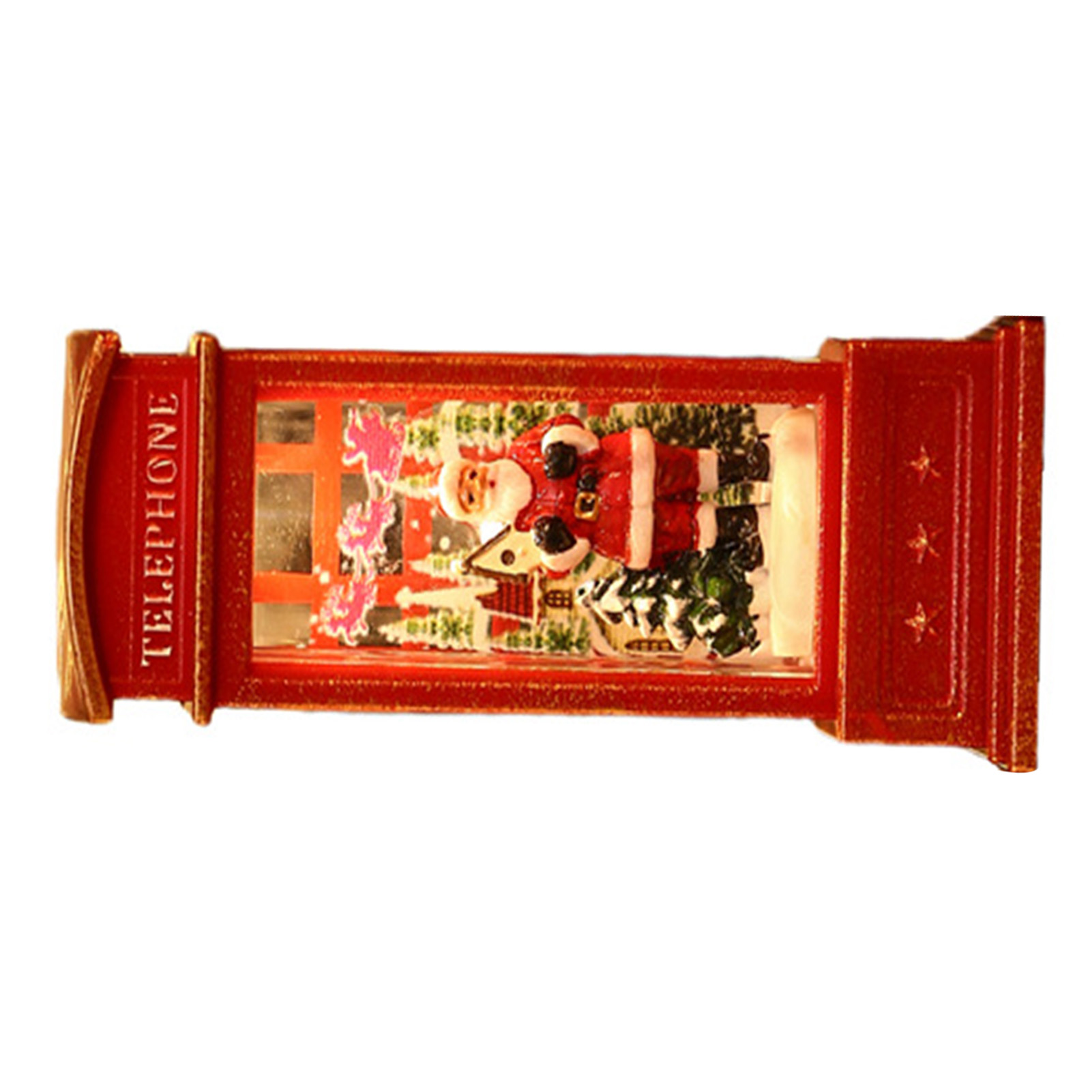 Ein roter Telefonzelle mit einer Santa Claus Figur. Der Hintergrund hat Weihnachtsdekorationen.