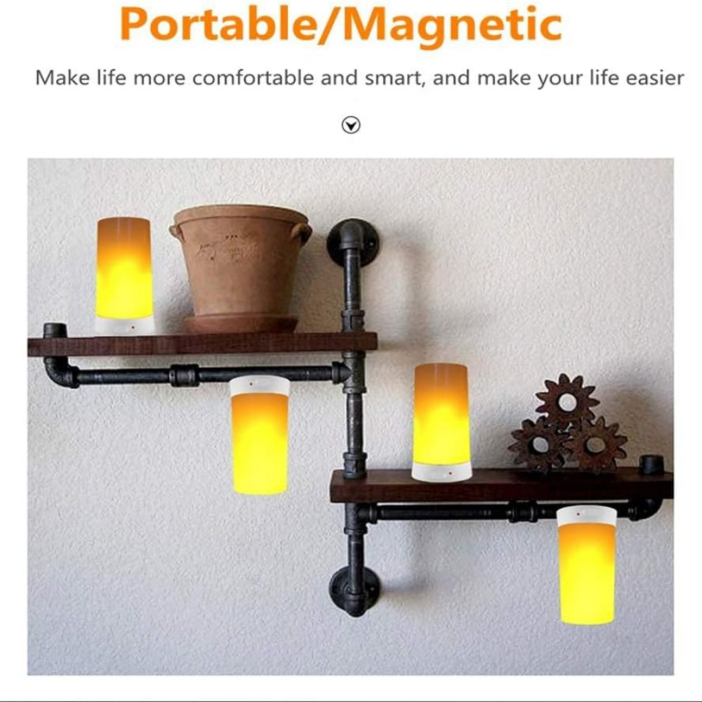 Das Bild zeigt ein Wandregal mit Lampen. Die Lampen sind zylindrisch mit gelbem Schein. Ein Blumentopf und Metallzahnräder sind ebenfalls sichtbar.