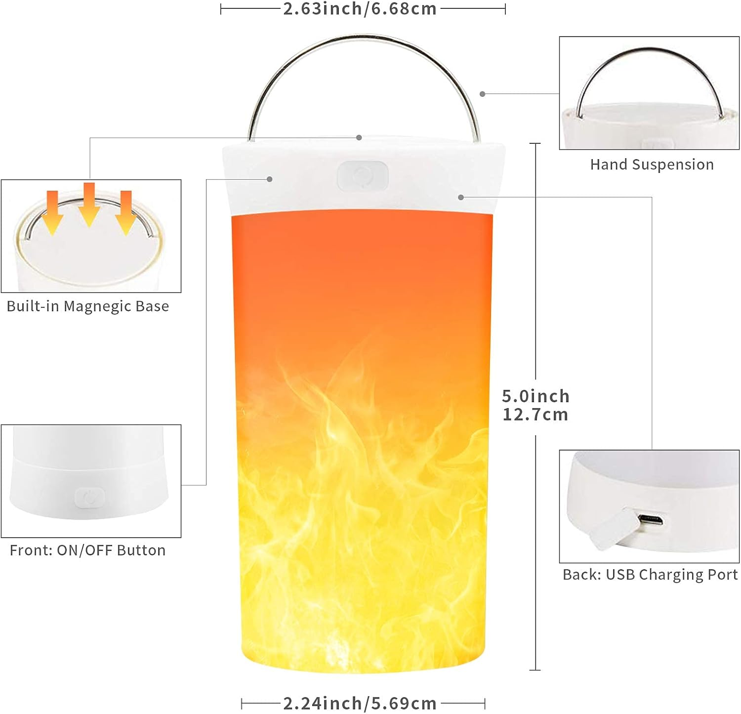 Eine orange-gelbe Lampe mit beschrifteten Abmessungen. Merkmale umfassen einen Griff, Ein/Aus-Taste, Magnetfuß und USB-Ladeanschluss.