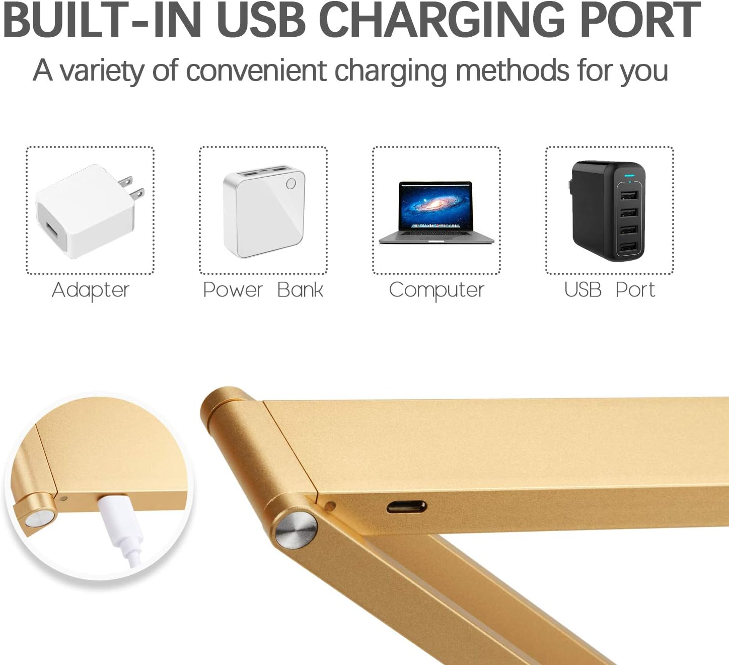 Das Bild zeigt Lademethoden: Adapter, Powerbank, Computer und USB-Anschluss. Im Vordergrund befindet sich eine goldene Lampe mit einem weißen Ladekabel.