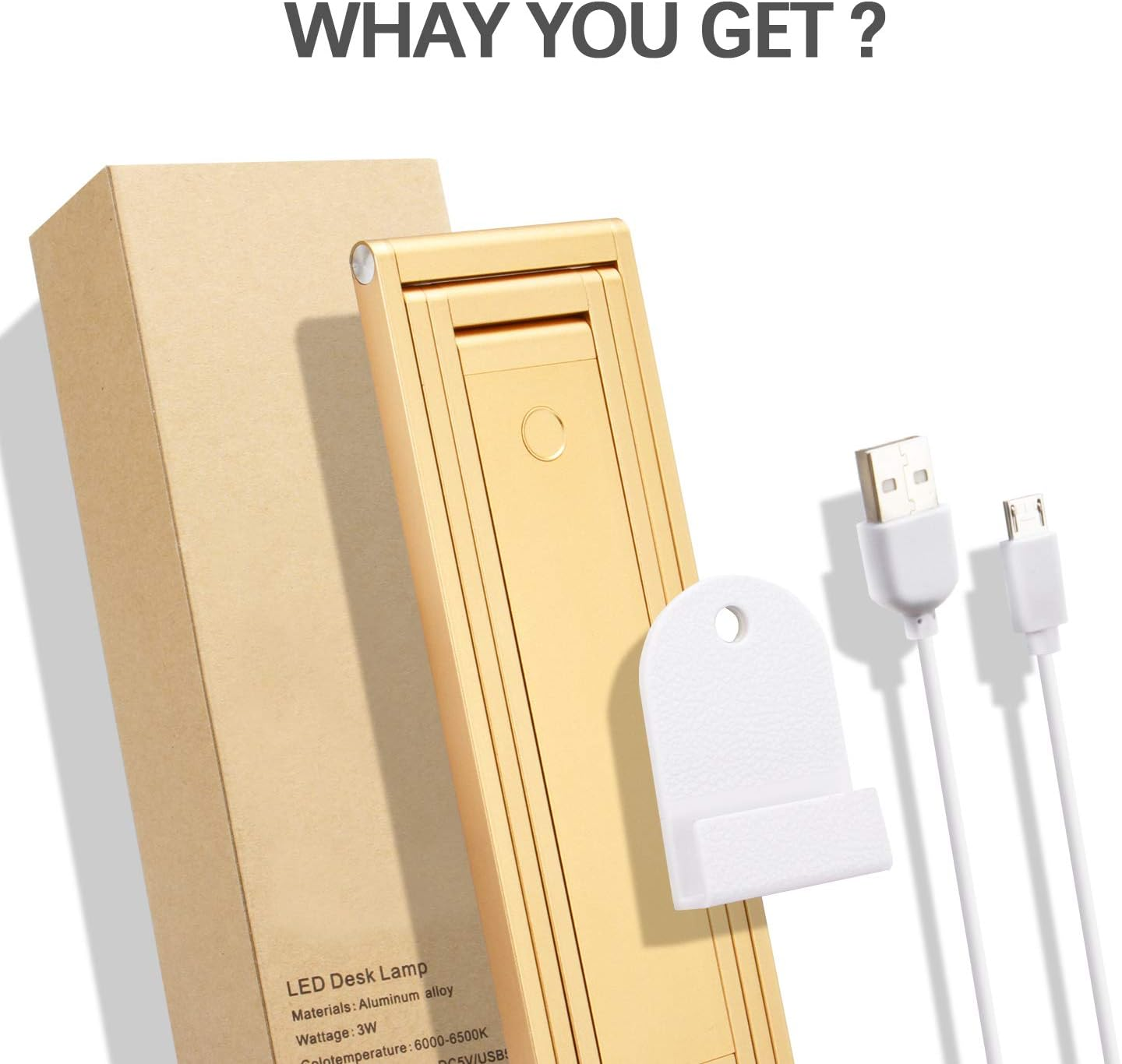 Eine goldene LED-Schreibtischlampe, ein weißes Ladegerät und eine beige Box stehen auf einer weißen Oberfläche. Der Text lautet 'WHAY YOU GET?'