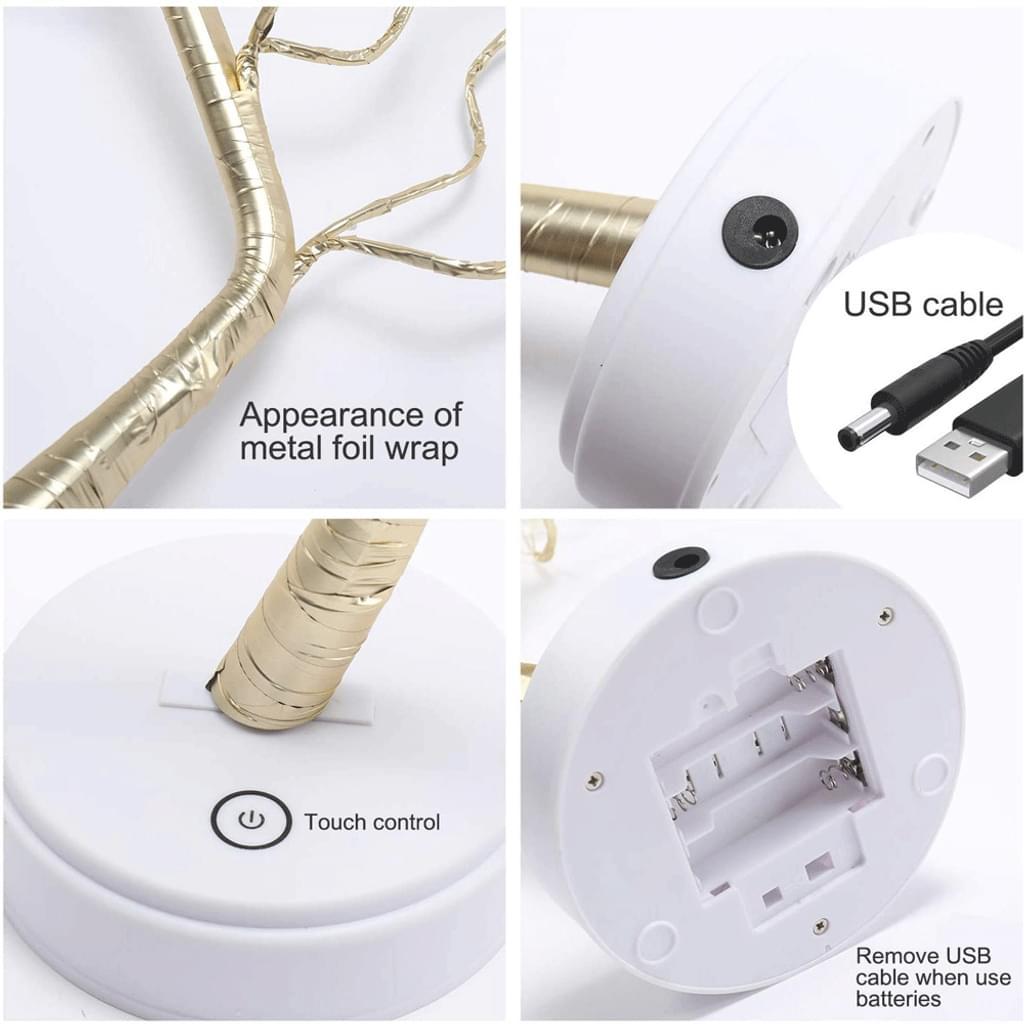Nahaufnahme einer dekorativen Leuchte. Es zeigt die Metallfolienverpackung, die Touch-Steuerung, das USB-Kabel und das Batteriefach.