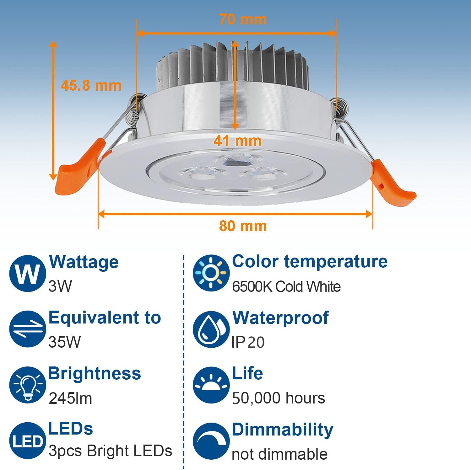 Ein LED-Einbaustrahler mit Abmessungen. Er zeigt Wattzahl, Helligkeit, Farbtemperatur, Wasserdichtigkeit und Lebensdauer.