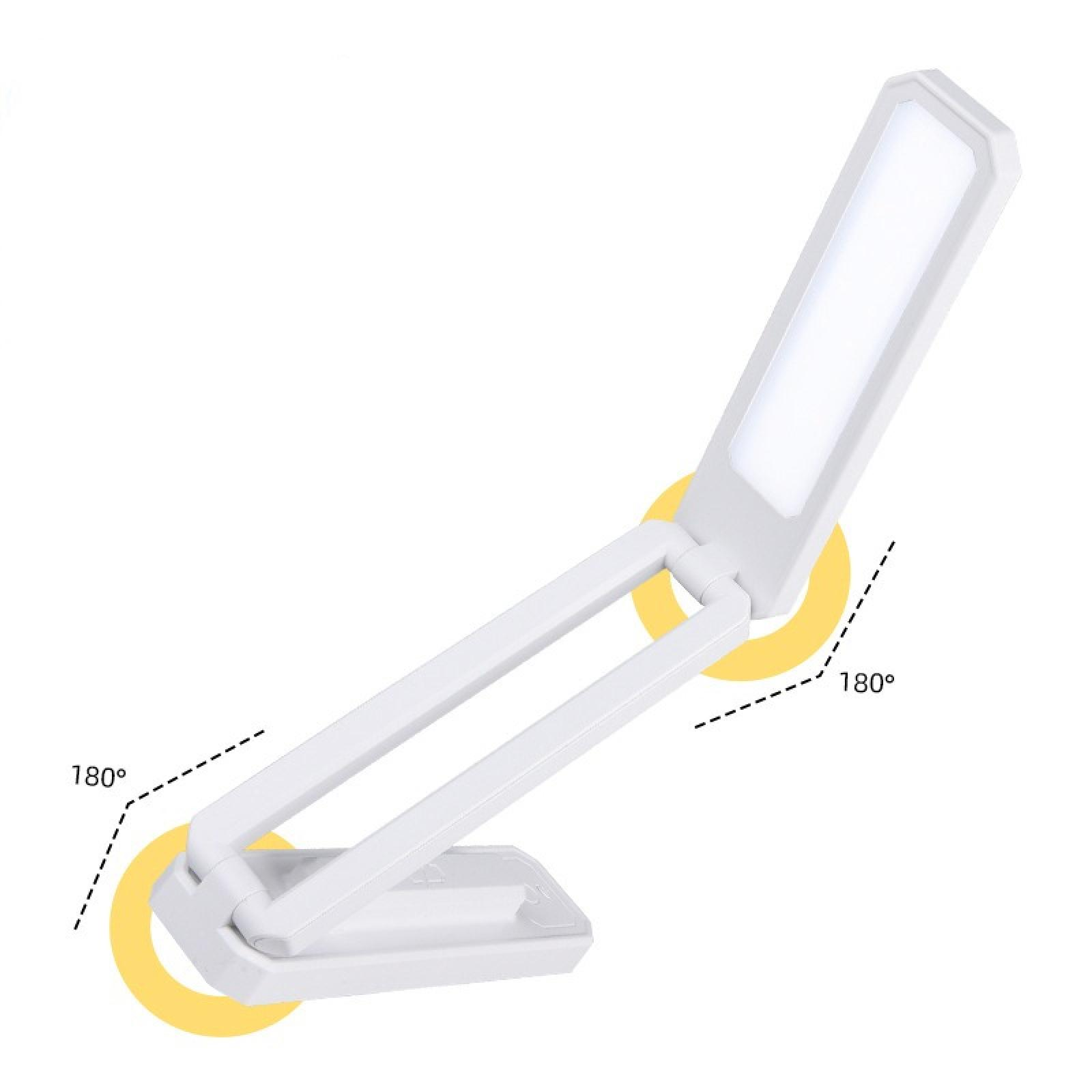 Weiße, verstellbare LED-Schreibtischlampe. Die Lampe ist mit einem 180-Grad-Gelenk gefaltet. Gelbe Bögen zeigen den Drehwinkel an.
