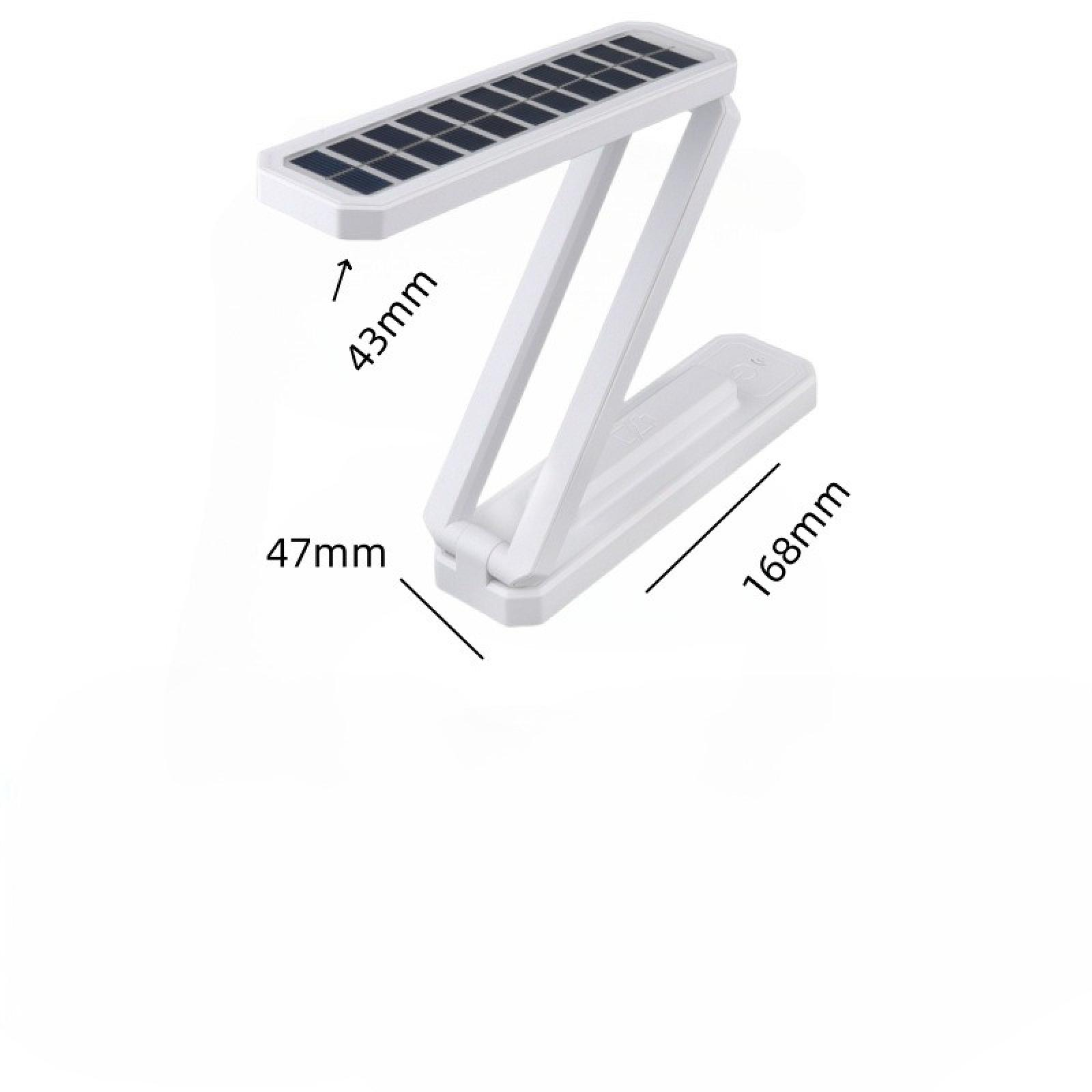 Weiße, faltbare Solarlampe mit schwarzen Solarzellen. Abmessungen sind mit Pfeilen und Zahlen gekennzeichnet.
