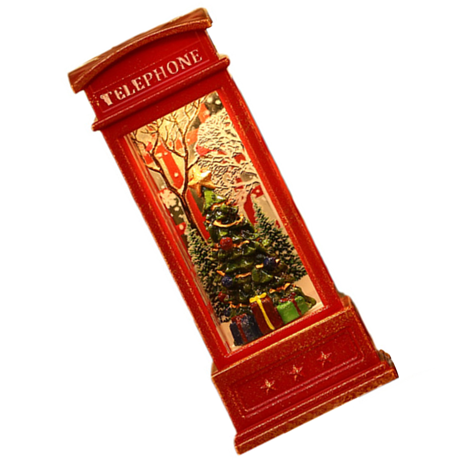 Eine rote Telefonzellen-Dekoration mit Weihnachtsbaum und Geschenken. Oben steht 'TELEFON'.