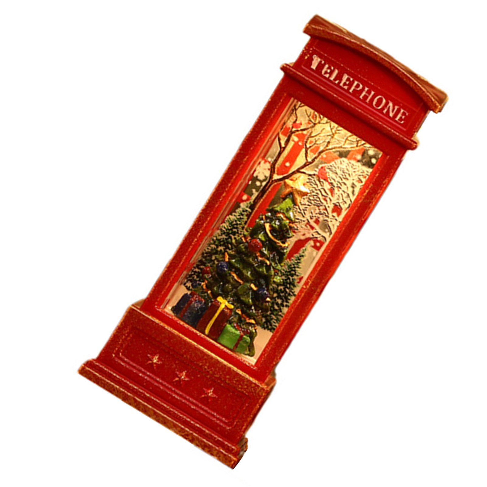 Rote Telefonzelle mit Weihnachtsszene. Enthält einen Baum, Geschenke und einen schneebedeckten Hintergrund.