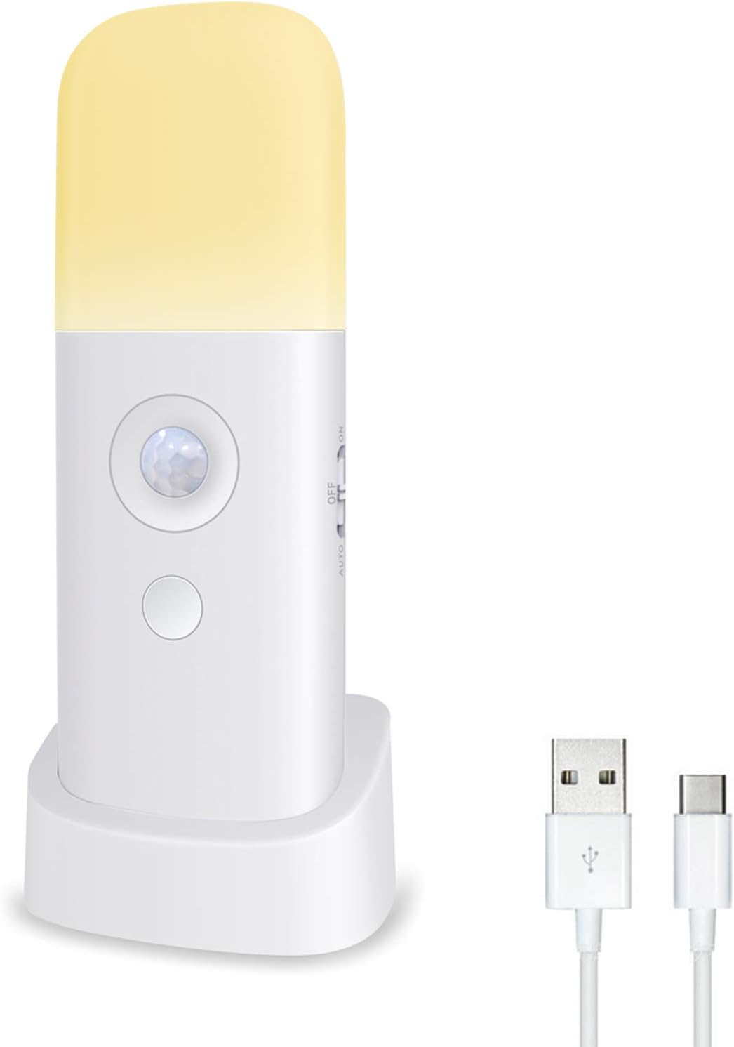 Ein weißes Nachtlicht mit gelbem Oberteil und einem USB-Ladekabel. Das Licht hat einen Bewegungssensor und einen Ein/Aus/Auto-Schalter.