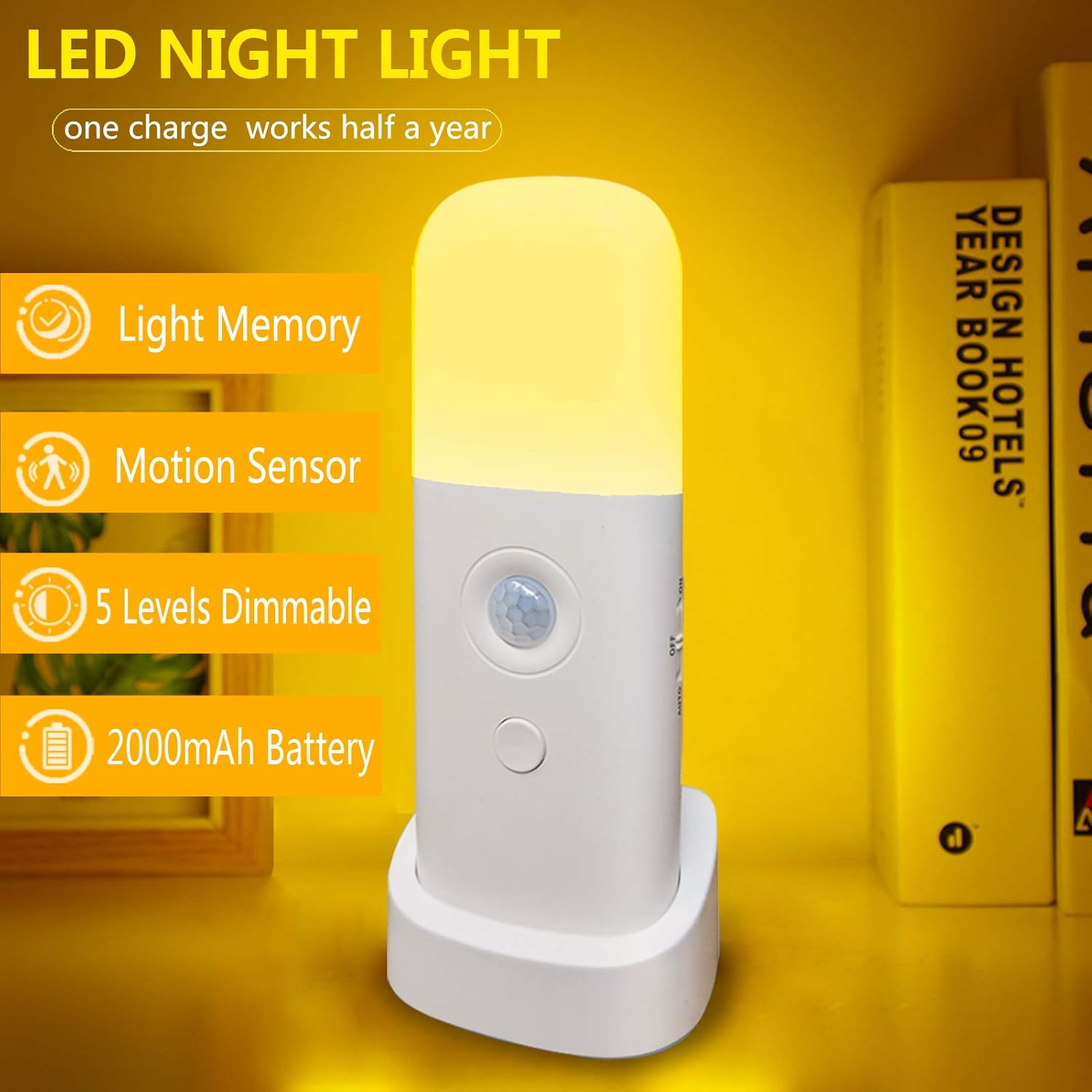 Ein weißes LED-Nachtlicht mit gelbem Schein. Zu den Merkmalen gehören Lichtspeicher, Bewegungssensor, dimmbare Stufen und ein 2000-mAh-Akku.