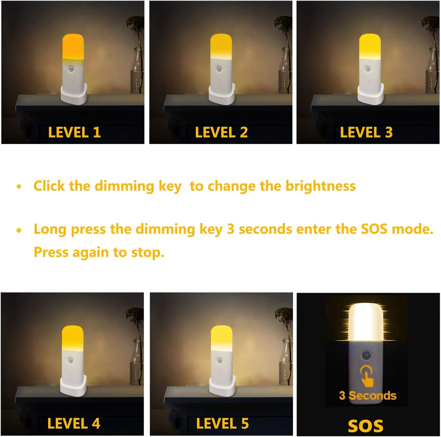Bilder zeigen eine dimmbare Lampe in verschiedenen Helligkeitsstufen. Anweisungen beschreiben das Dimmen und die SOS-Modus-Aktivierung, bezeichnet als 'LEVEL 1' bis 'LEVEL 5'.