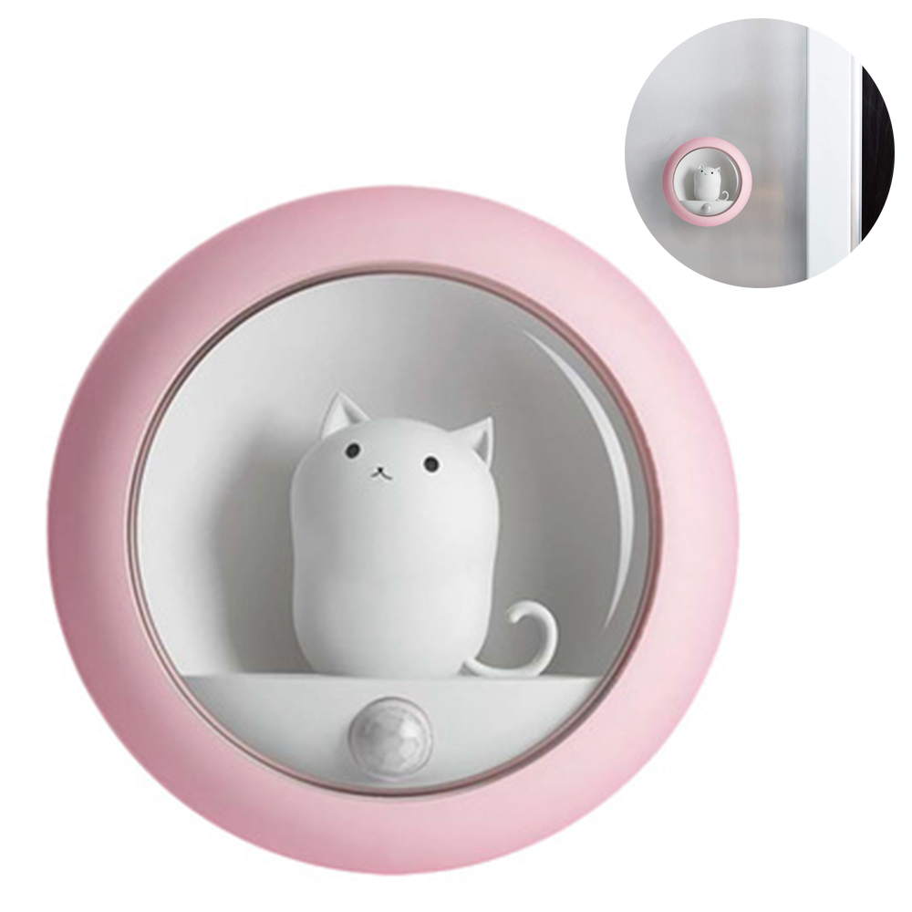 Ein rosa Katzen-Nachtlicht. Die Katze ist weiß, in einem Kreis. Eine kleinere Version ist oben rechts.