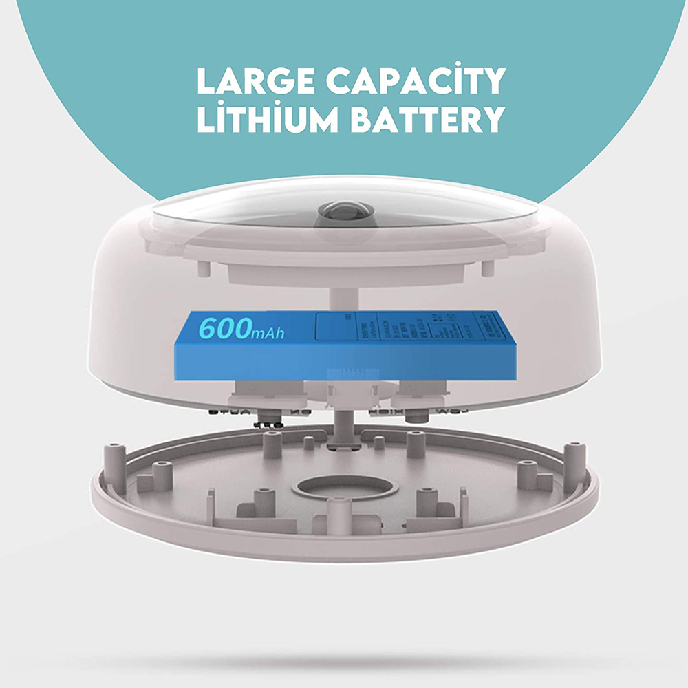 Diagramm eines Geräts mit einem blauen 600-mAh-Akku. Text: "GROSSE KAPAZITÄT LITHIUM BATTERIE."